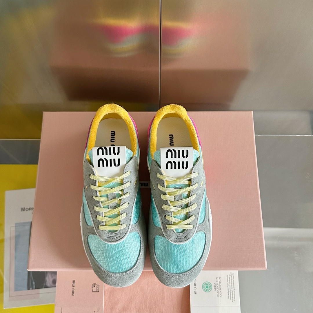 Bagsaaa Miu Miu Gymnasium technical fabric and suede sneakers Anise/Fuchsia