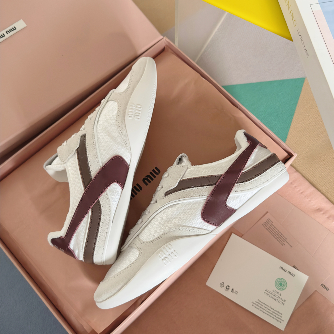 Bagsaaa Miu Miu Gymnasium technical fabric and suede sneakers White/Burgundy