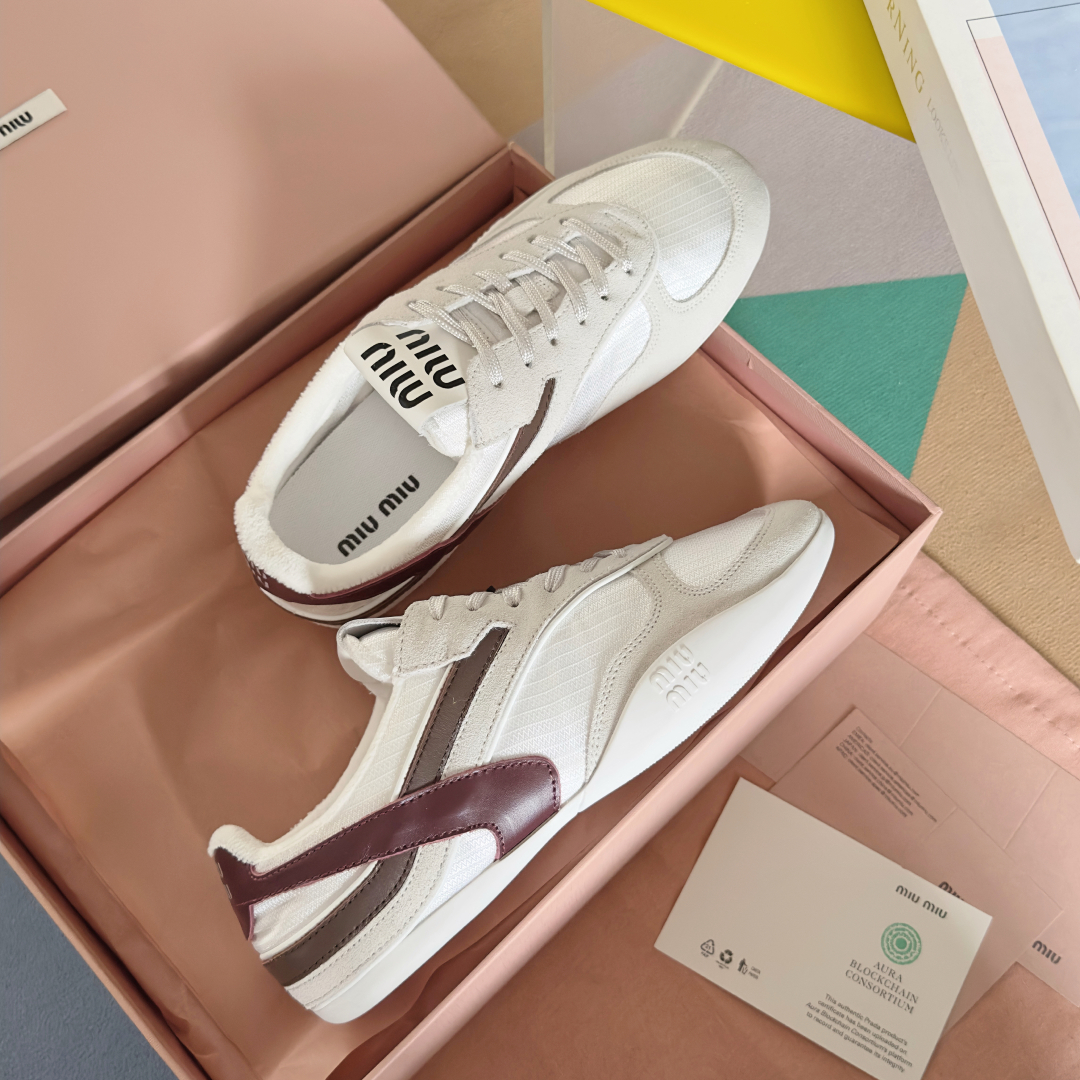 Bagsaaa Miu Miu Gymnasium technical fabric and suede sneakers White/Burgundy