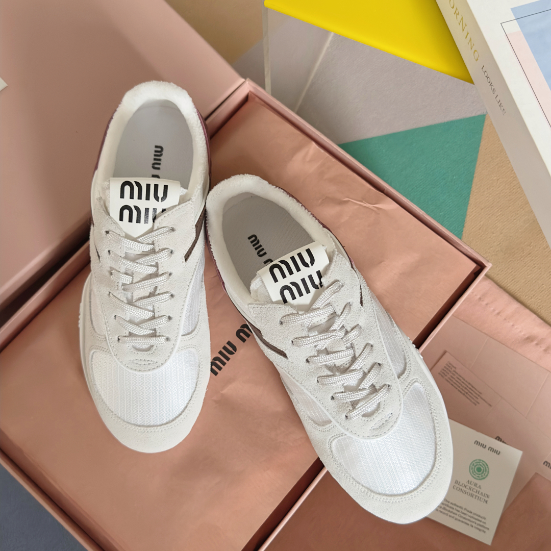 Bagsaaa Miu Miu Gymnasium technical fabric and suede sneakers White/Burgundy