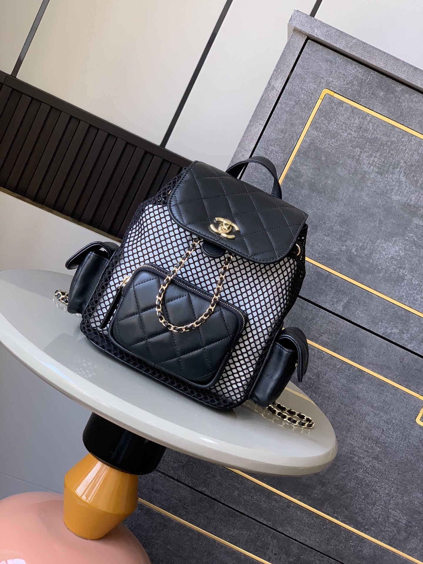 Bagsaaa Ch**el Backpack Black Mesh AS5484 - 25cm