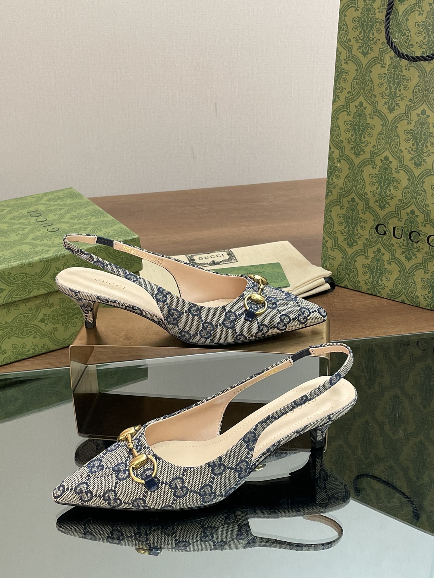 Bagsaaa Gvc*1 Women's Horsebit slingback pump 782627 beige & blue - 4.5cm