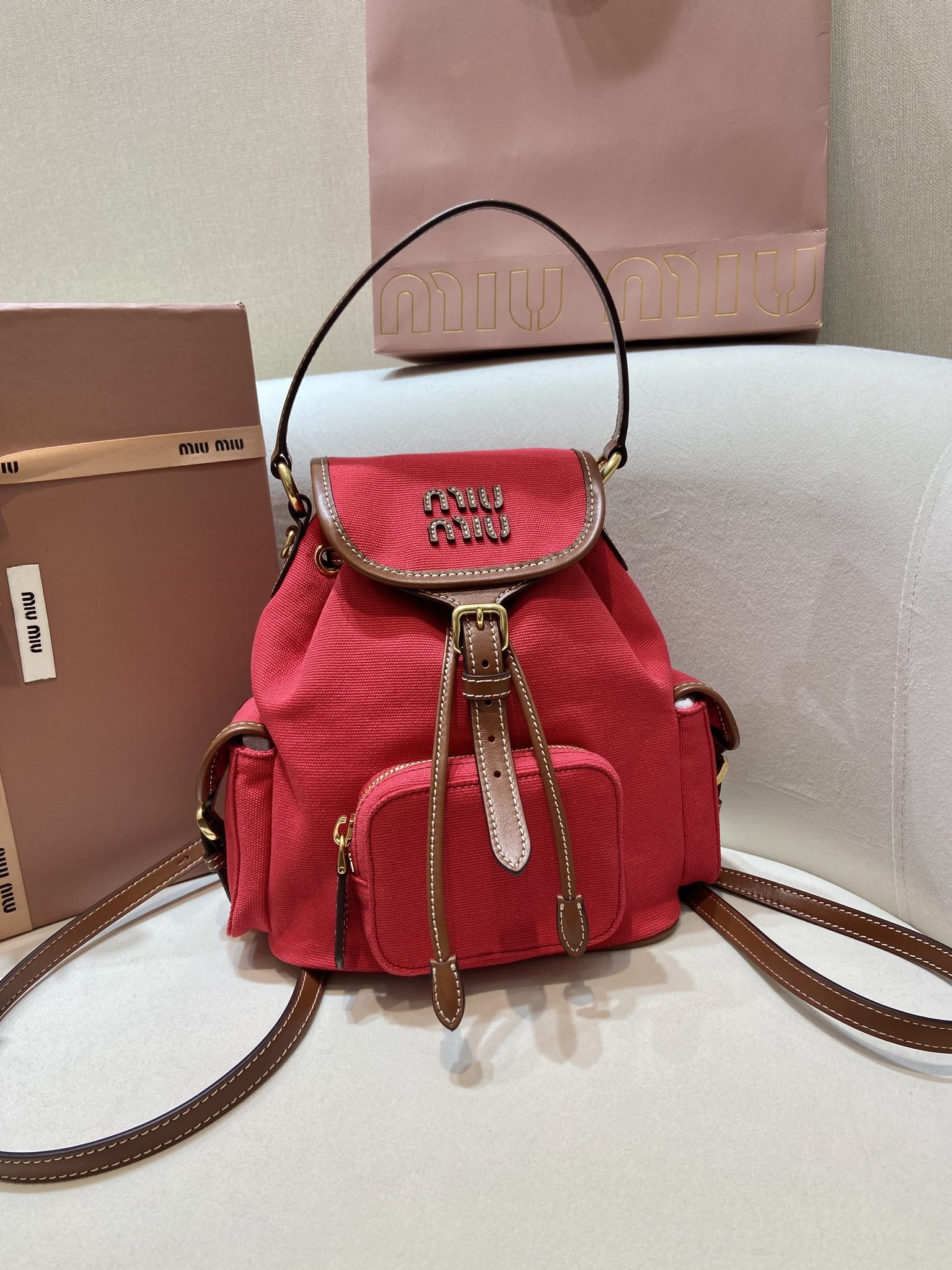 Bagsaaa Miu Miu Canvas and leather backpack 5BZ043 Red/Brandy - 22cm
