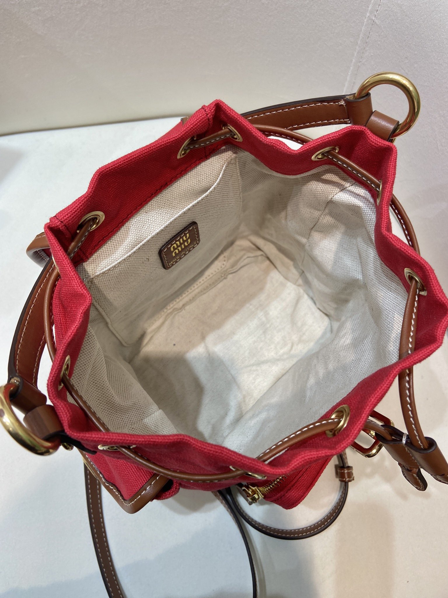 Bagsaaa Miu Miu Canvas and leather backpack 5BZ043 Red/Brandy - 22cm