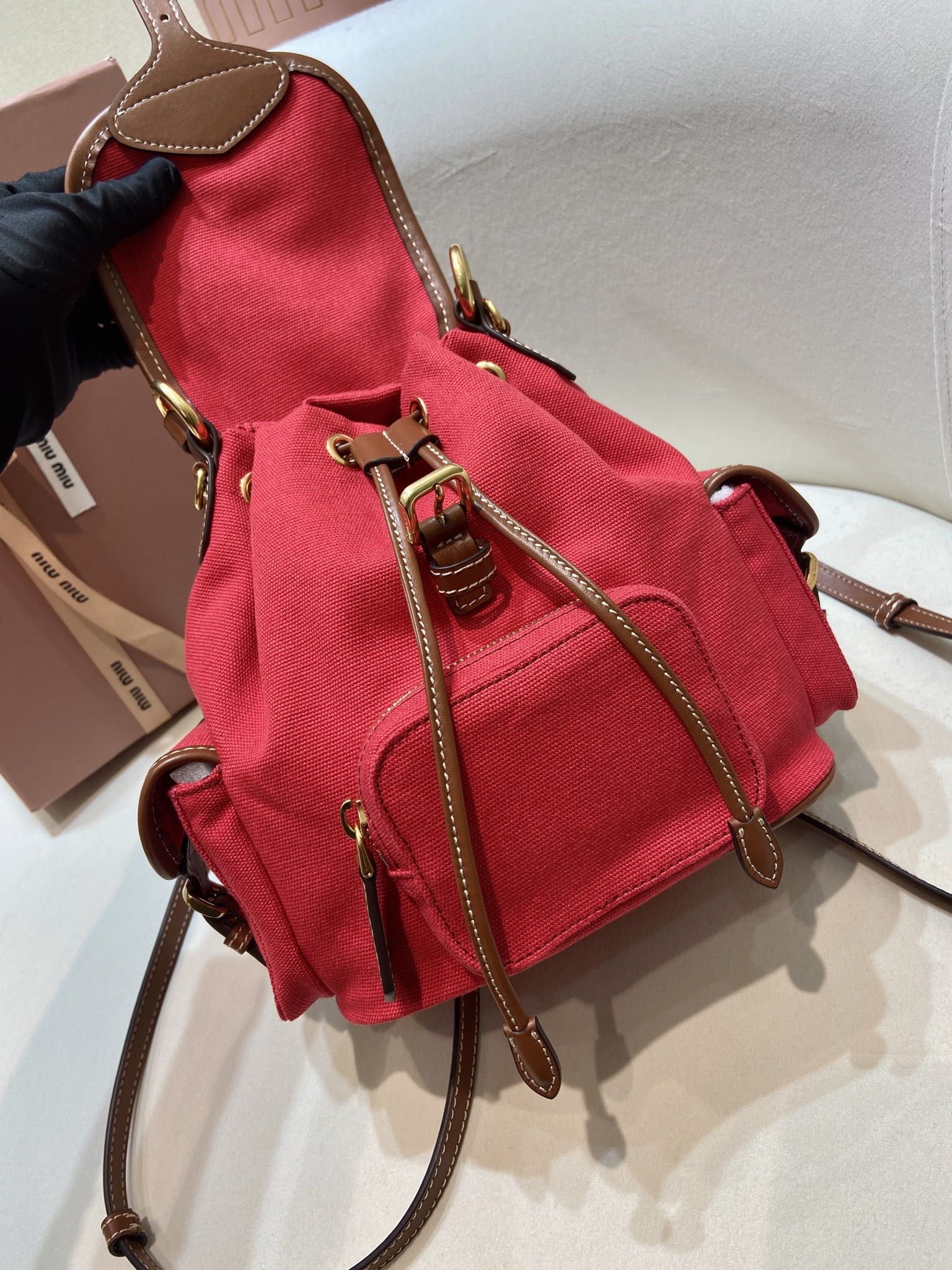 Bagsaaa Miu Miu Canvas and leather backpack 5BZ043 Red/Brandy - 22cm
