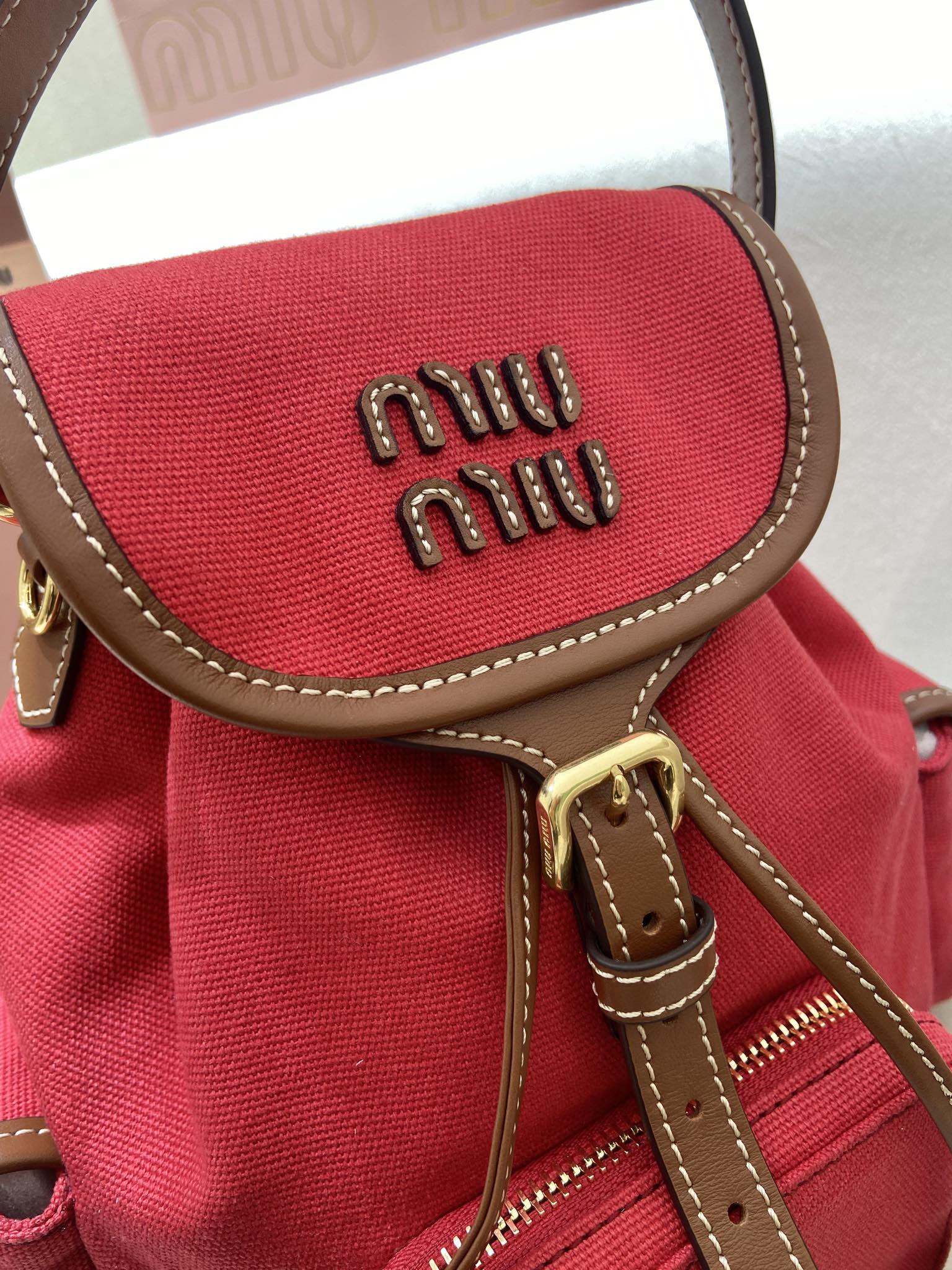 Bagsaaa Miu Miu Canvas and leather backpack 5BZ043 Red/Brandy - 22cm