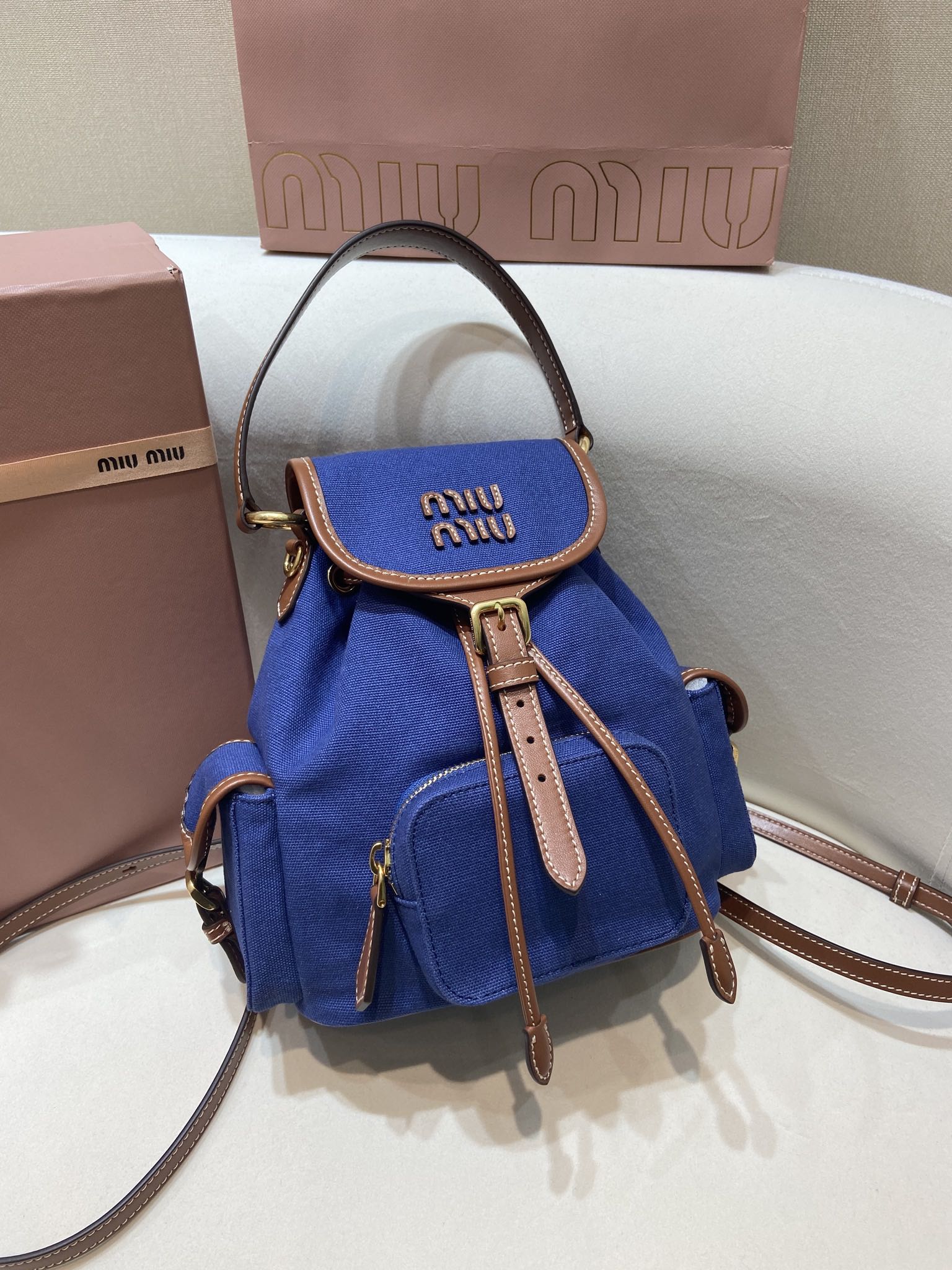 Bagsaaa Miu Miu Canvas and leather backpack 5BZ043 Blue/Brandy - 22cm
