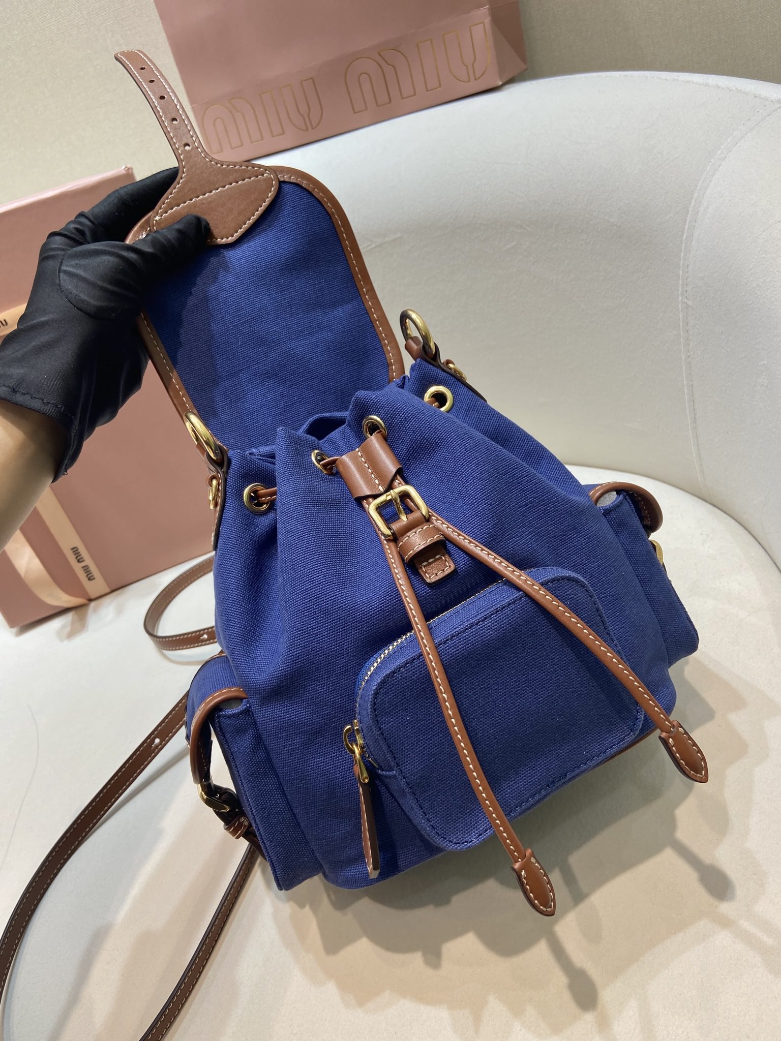Bagsaaa Miu Miu Canvas and leather backpack 5BZ043 Blue/Brandy - 22cm