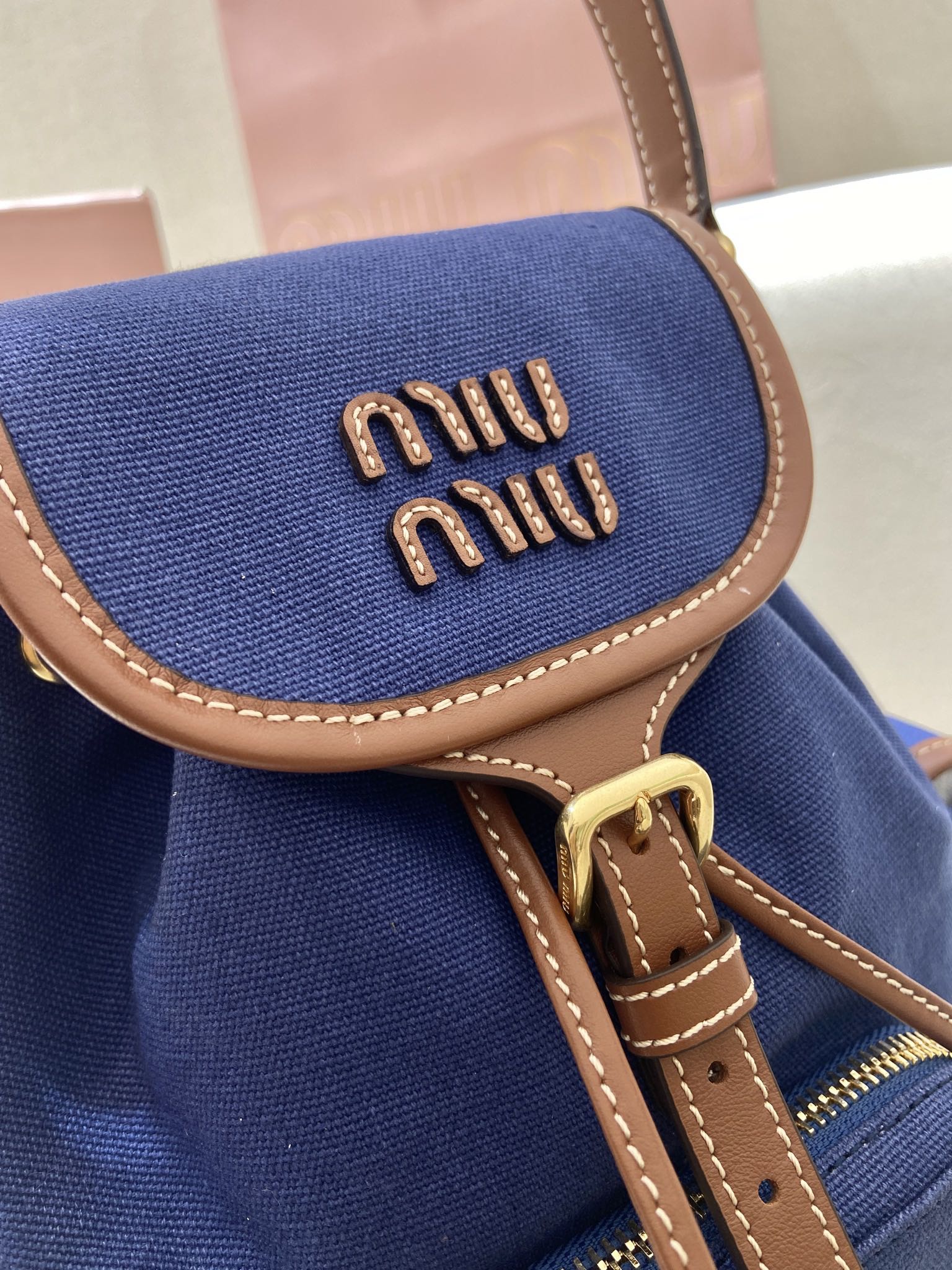 Bagsaaa Miu Miu Canvas and leather backpack 5BZ043 Blue/Brandy - 22cm