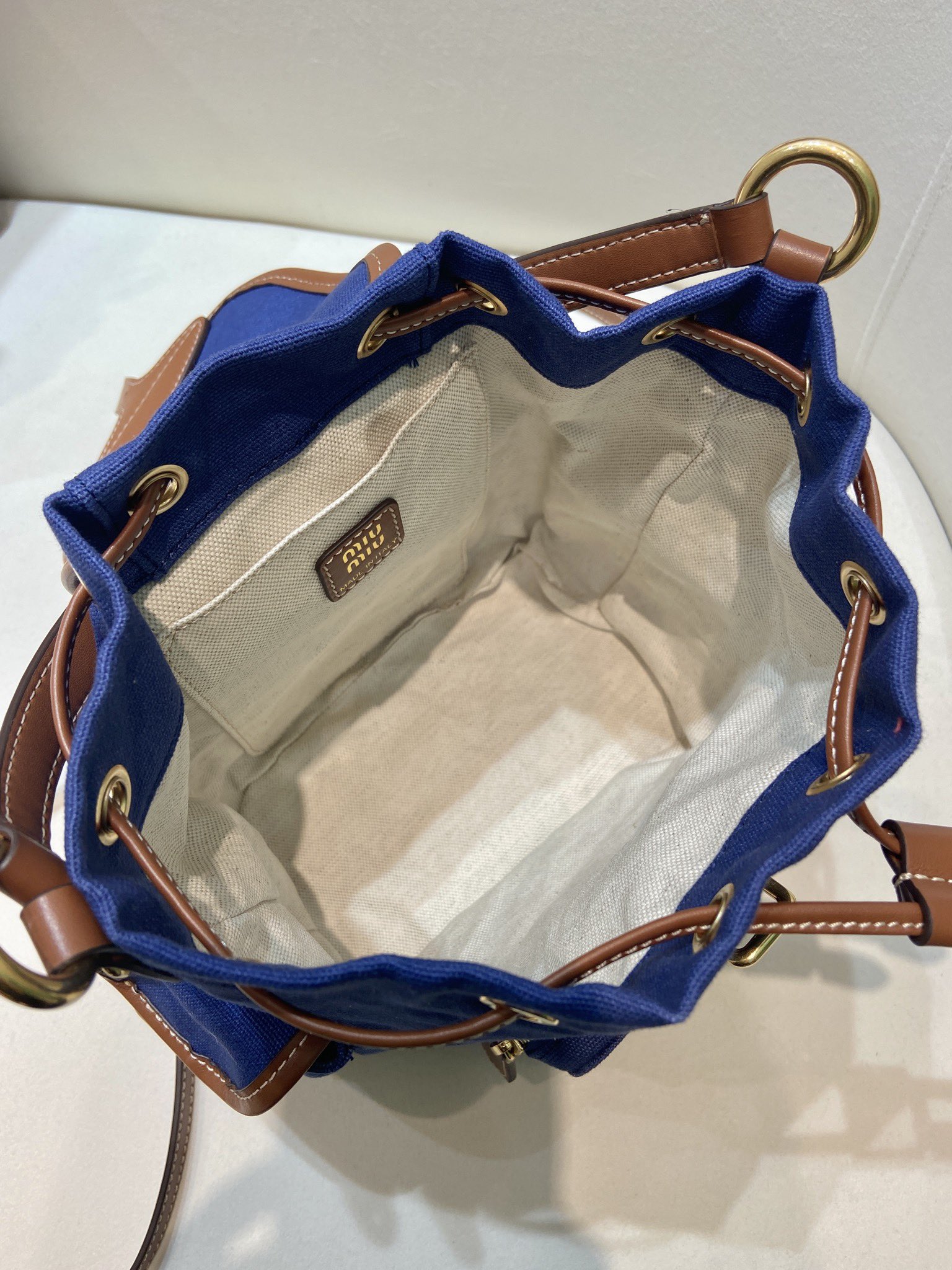 Bagsaaa Miu Miu Canvas and leather backpack 5BZ043 Blue/Brandy - 22cm