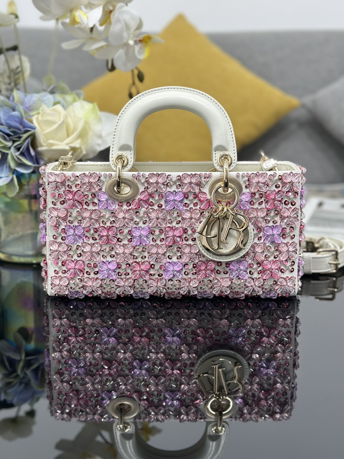 Bagsaaa D10r Medium Lady D-Joy Bag Latte Satin Embroidered with Pink Flowers and Strass - 26cm