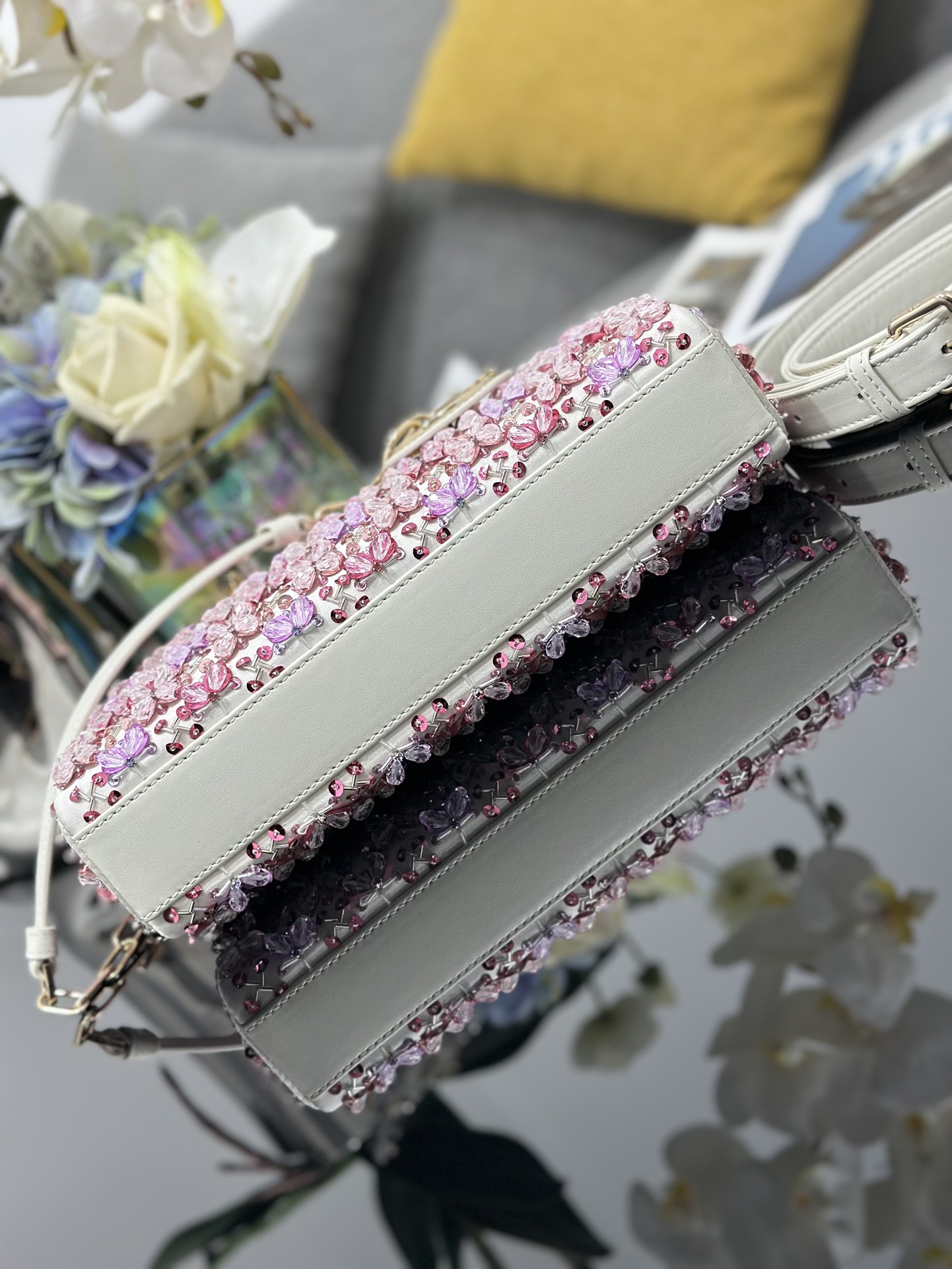 Bagsaaa D10r Medium Lady D-Joy Bag Latte Satin Embroidered with Pink Flowers and Strass - 26cm