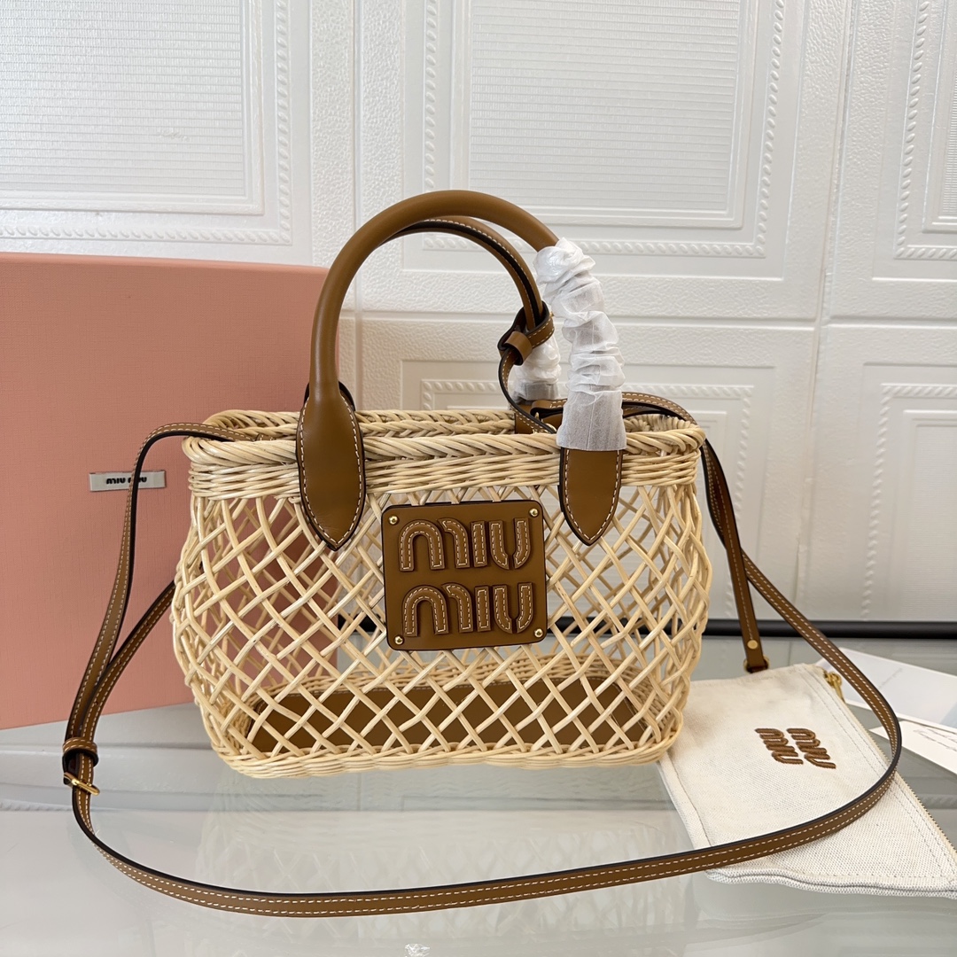 Bagsaaa Miu Miu Woven fabric handbag with leather trim - 23.5cm
