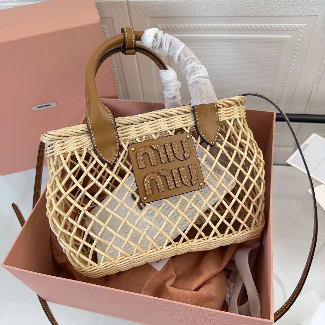 Bagsaaa Miu Miu Woven fabric handbag with leather trim - 23.5cm