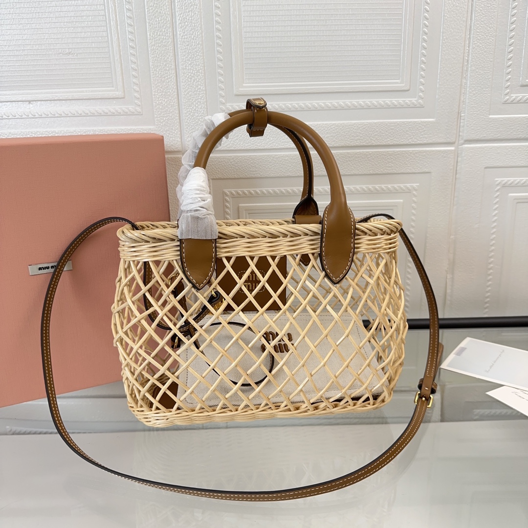 Bagsaaa Miu Miu Woven fabric handbag with leather trim - 23.5cm