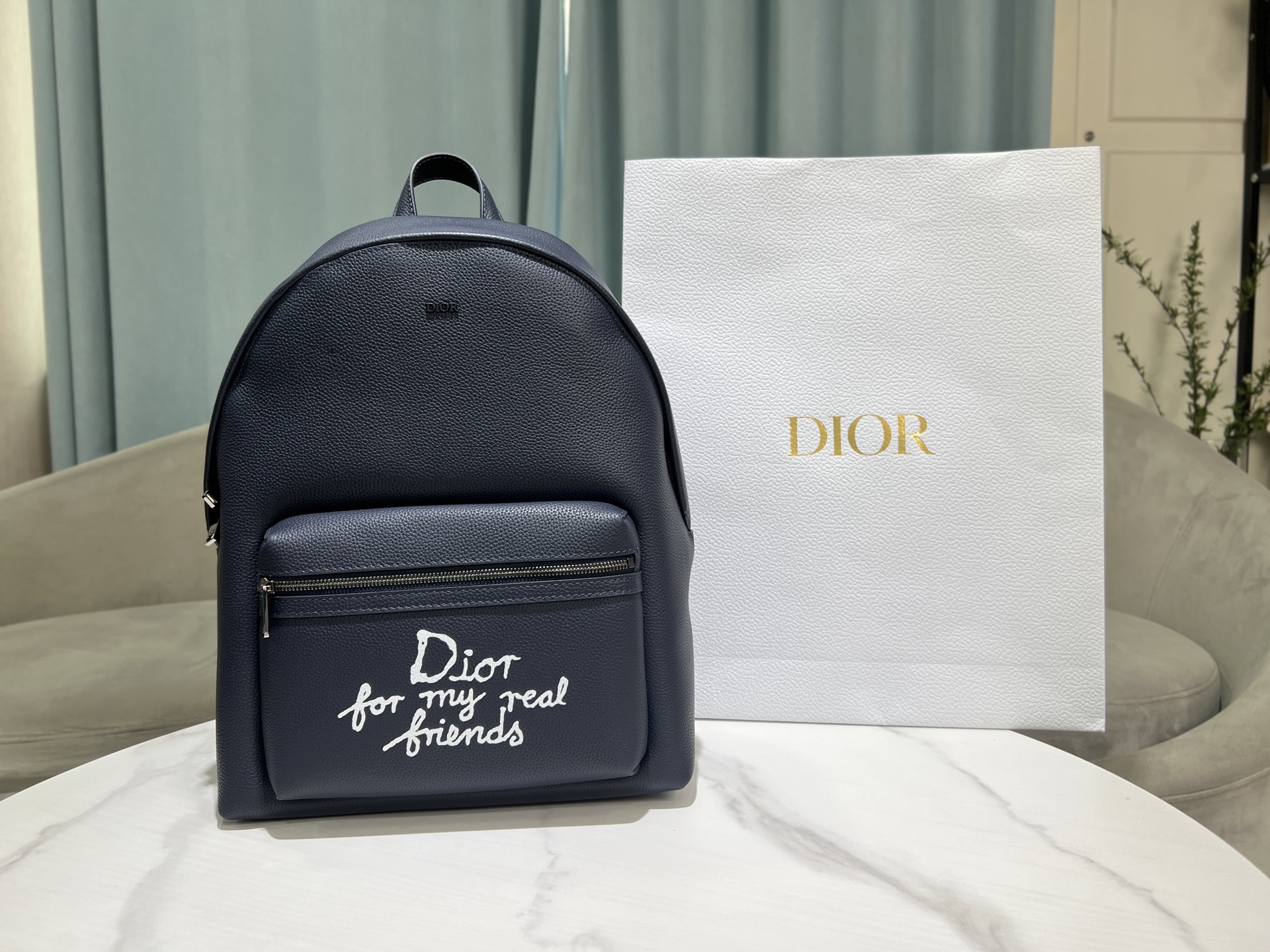 Bagsaaa D10r AND HYLTON NEL Rider 2.0 Zipped Backpack Navy Blue Grained Calfskin with White Print - 43cm