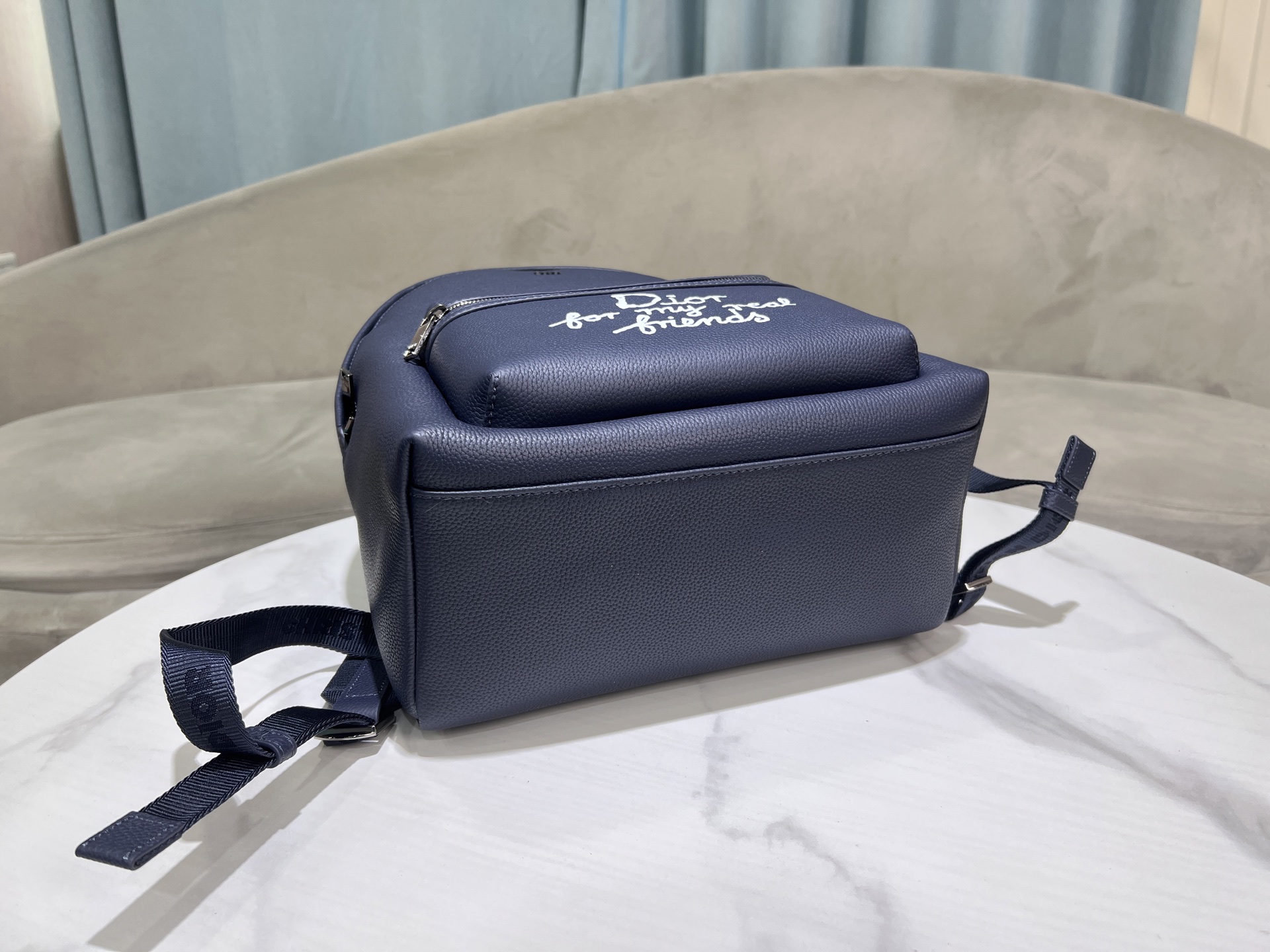Bagsaaa D10r AND HYLTON NEL Rider 2.0 Zipped Backpack Navy Blue Grained Calfskin with White Print - 43cm