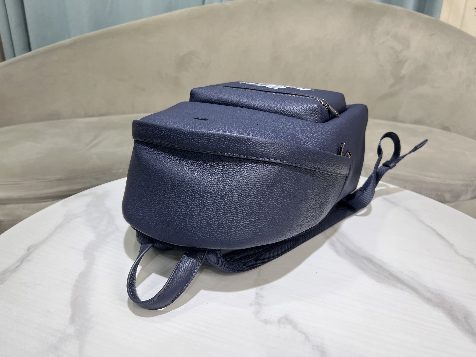 Bagsaaa D10r AND HYLTON NEL Rider 2.0 Zipped Backpack Navy Blue Grained Calfskin with White Print - 43cm