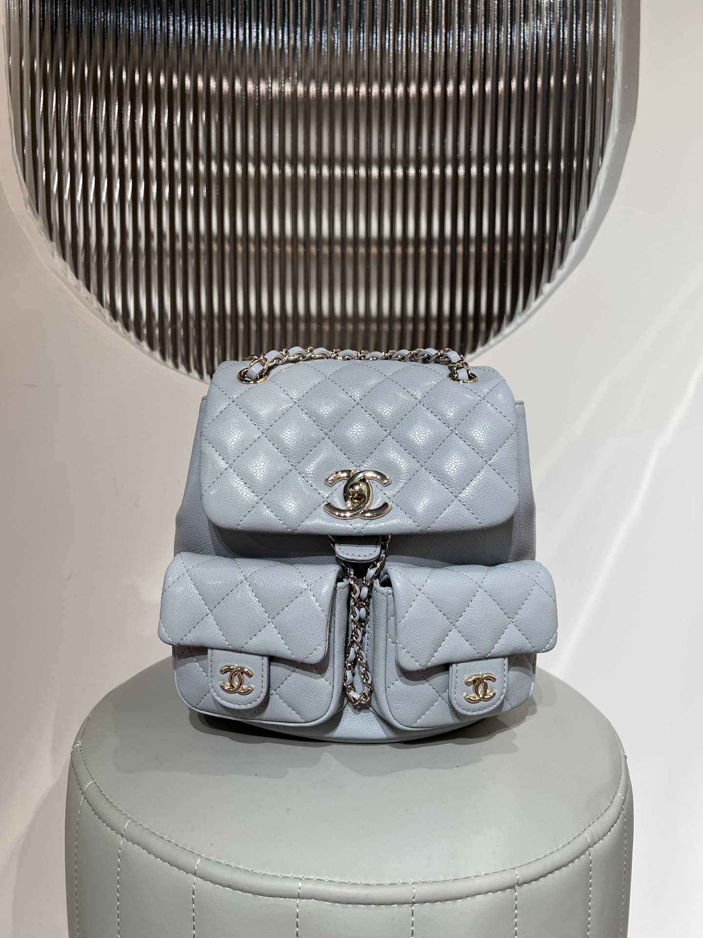 Bagsaaa Ch**el Small Backpack Grained Shiny Calfskin AS3787 Blue Gray - 17.5-16.5-10 cm