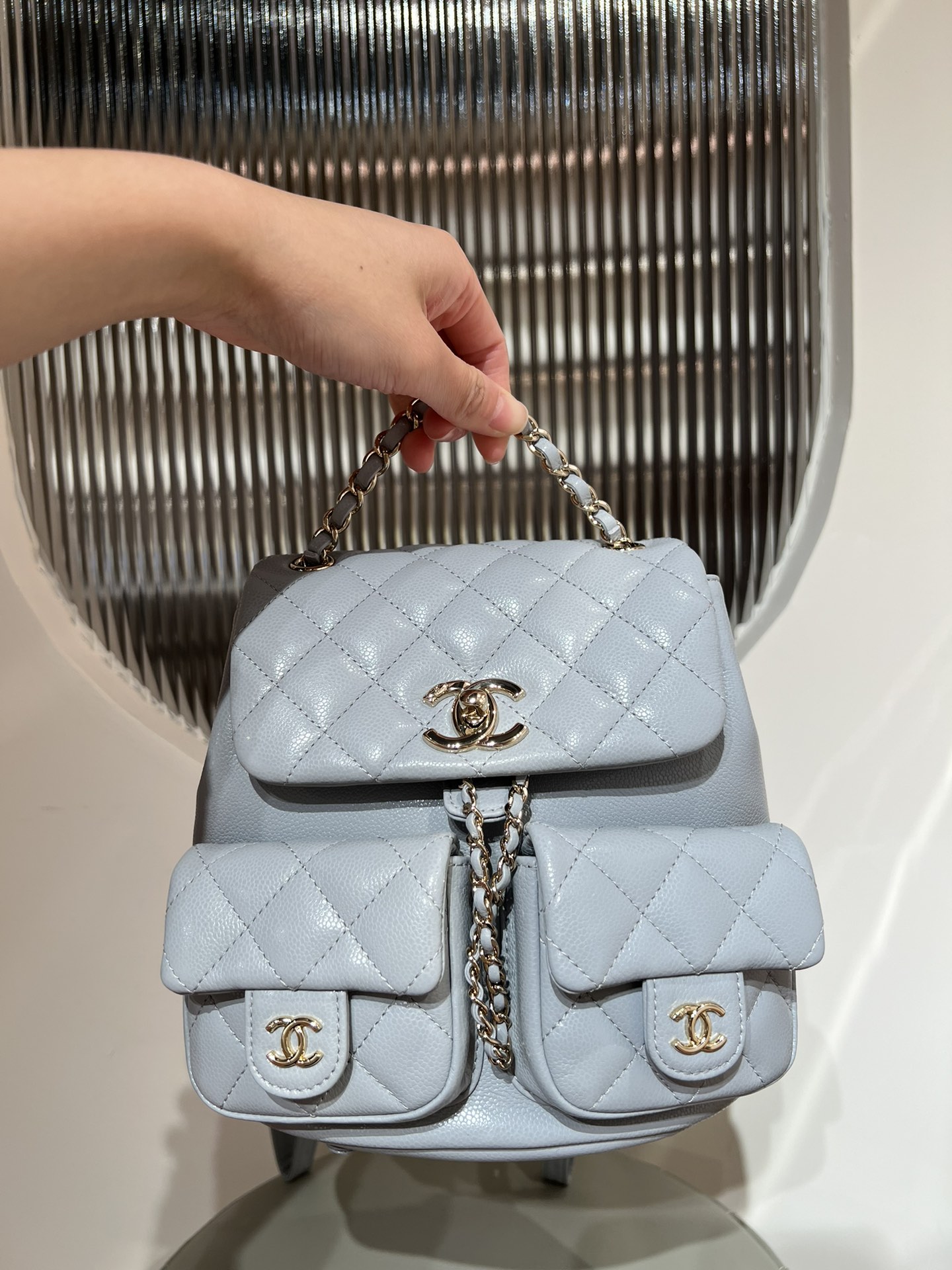 Bagsaaa Ch**el Small Backpack Grained Shiny Calfskin AS3787 Blue Gray - 17.5-16.5-10 cm