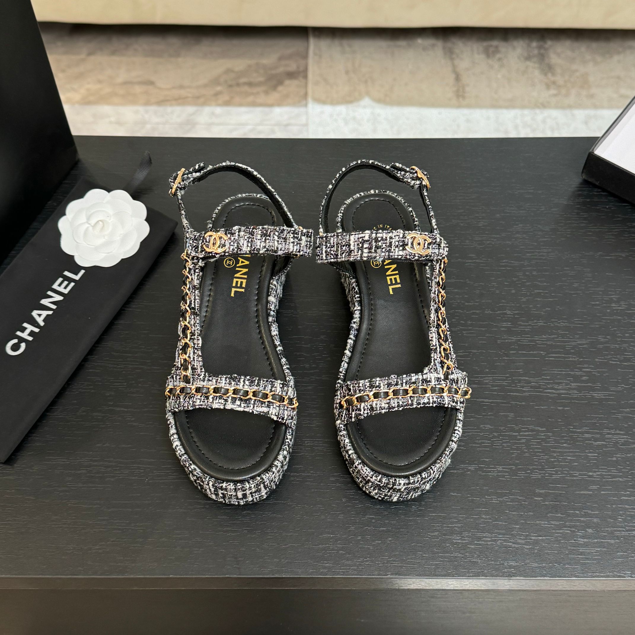 Bagsaaa Ch**el Tweed Chain Platform Sandals black