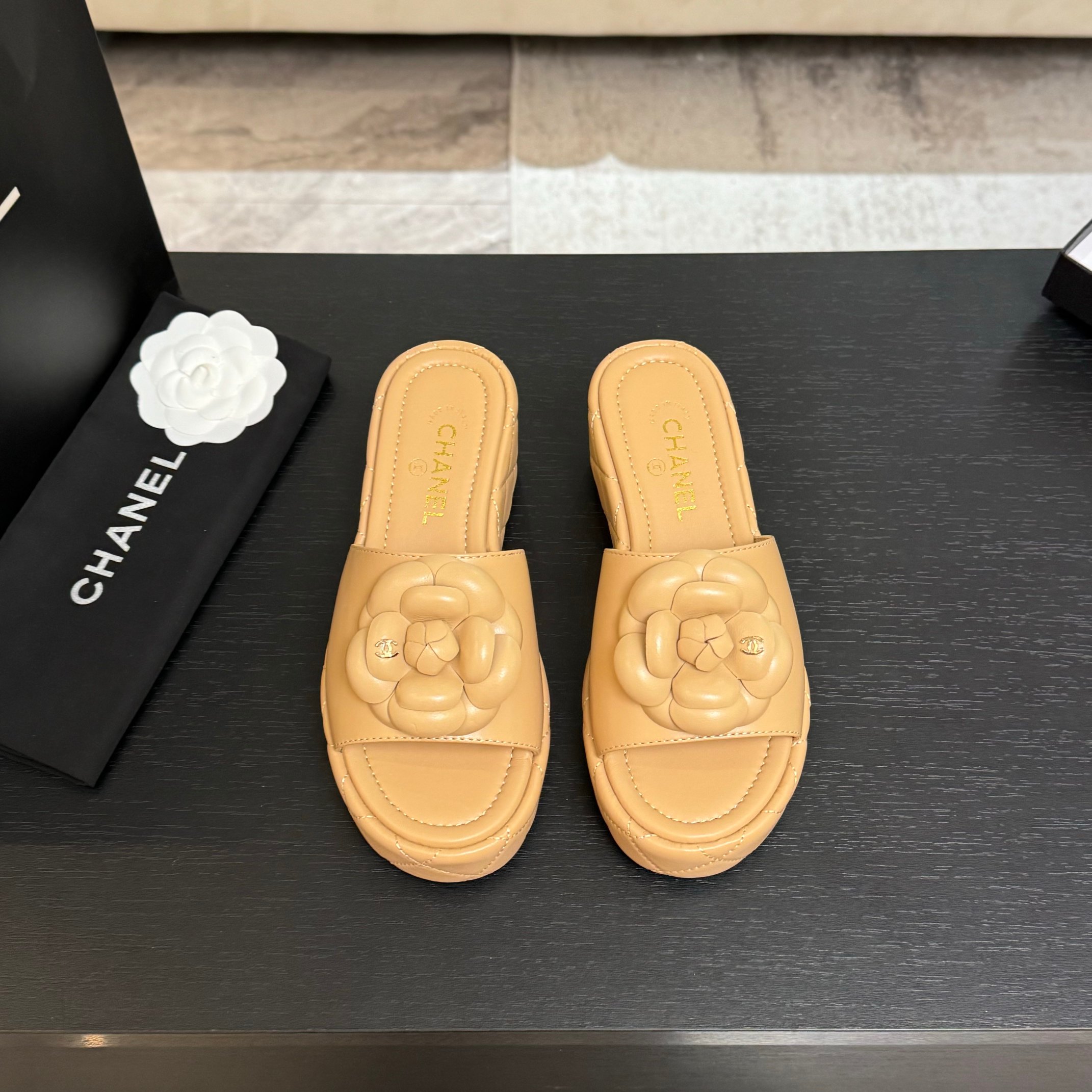 Bagsaaa Ch**el Camellia Quilted Platforms Beige