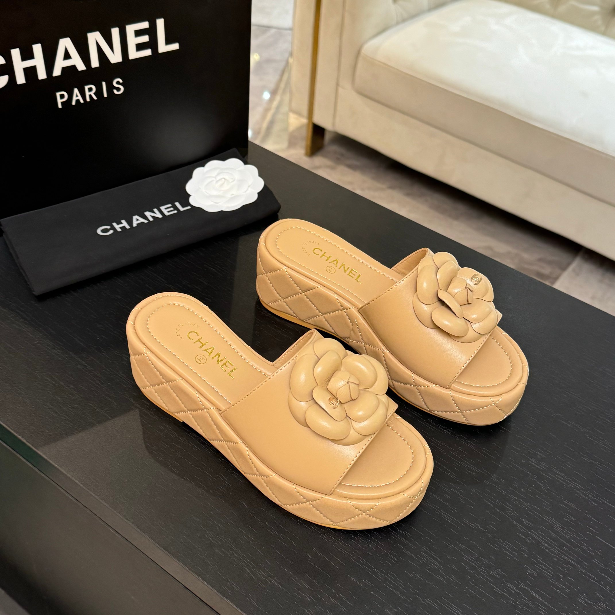 Bagsaaa Ch**el Camellia Quilted Platforms Beige