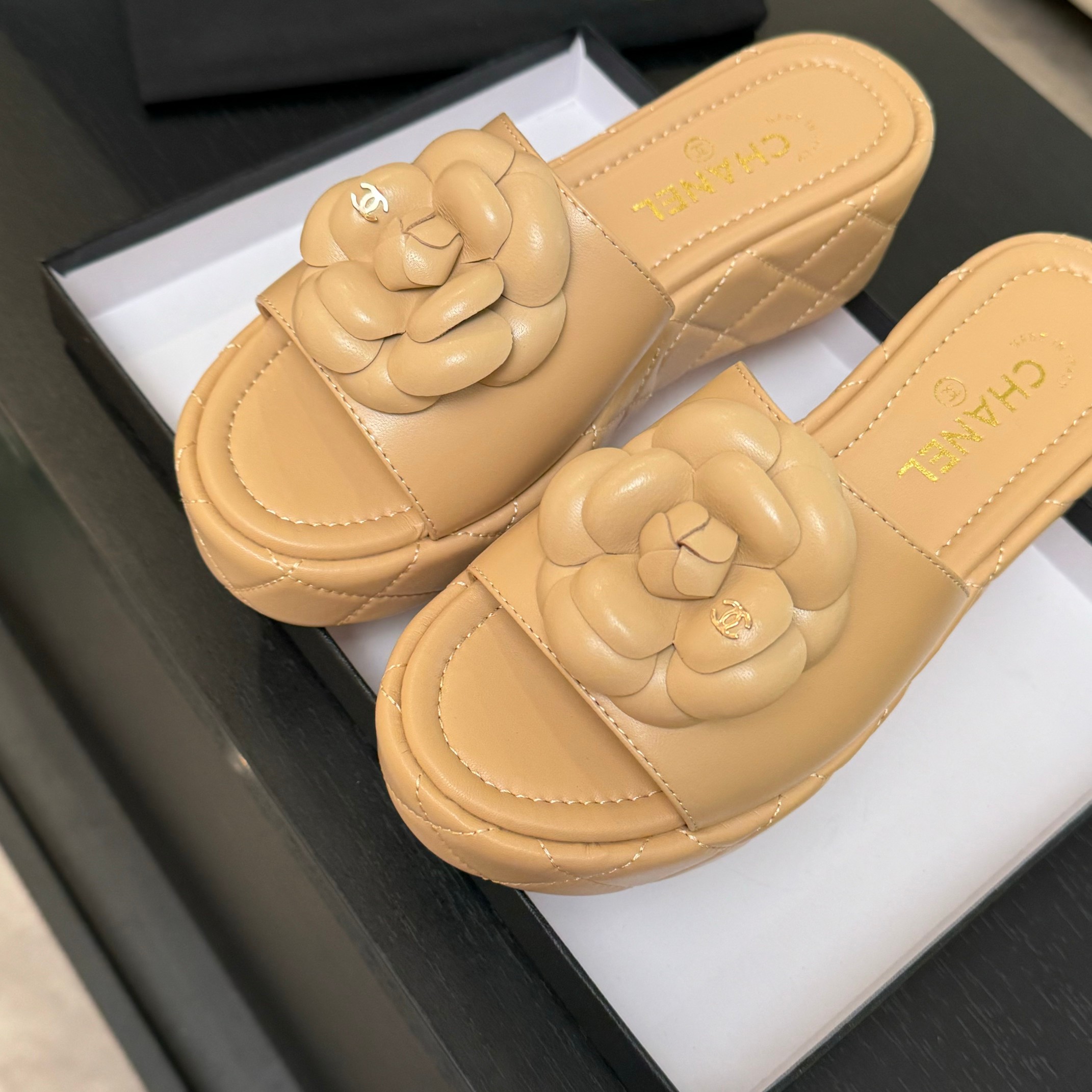 Bagsaaa Ch**el Camellia Quilted Platforms Beige