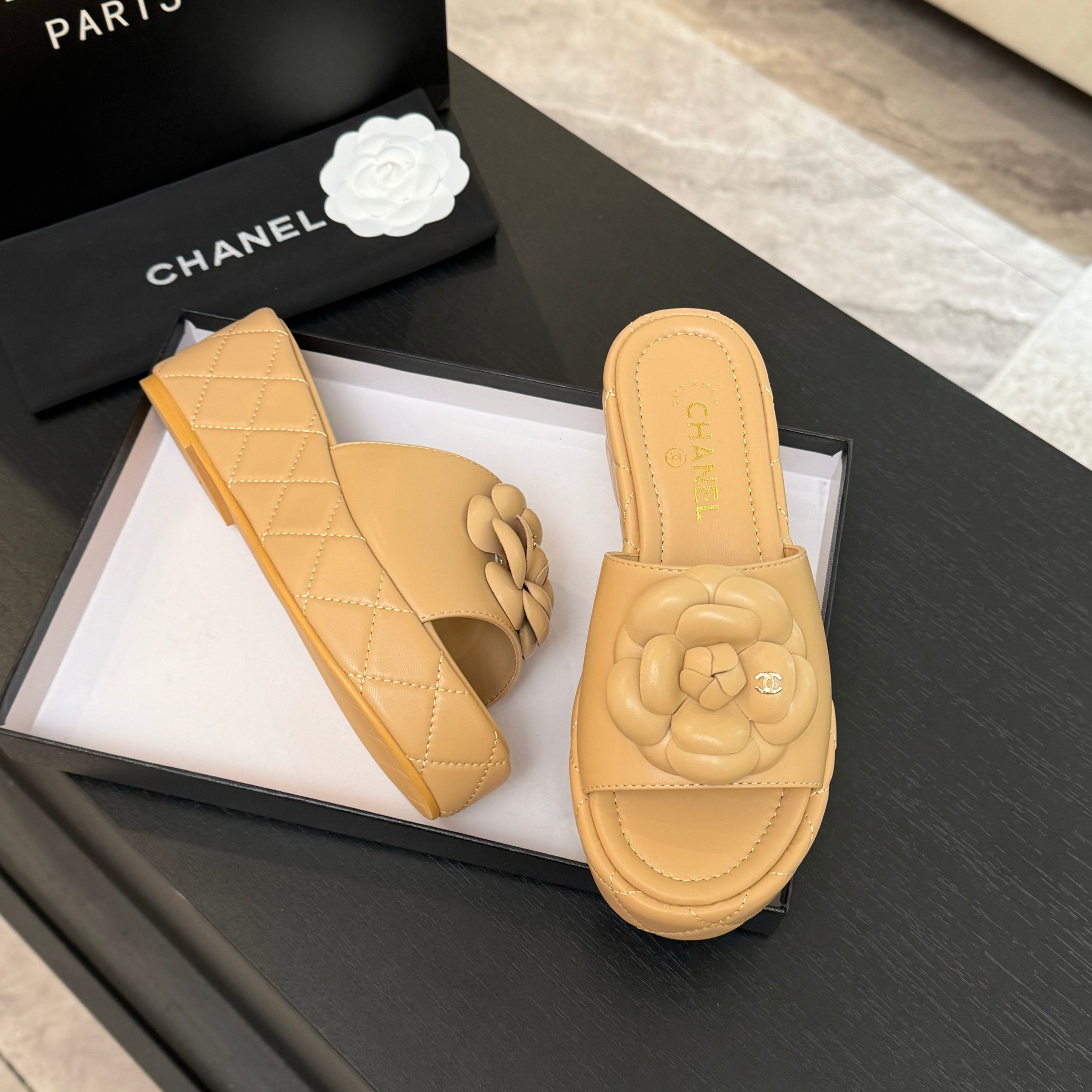 Bagsaaa Ch**el Camellia Quilted Platforms Beige