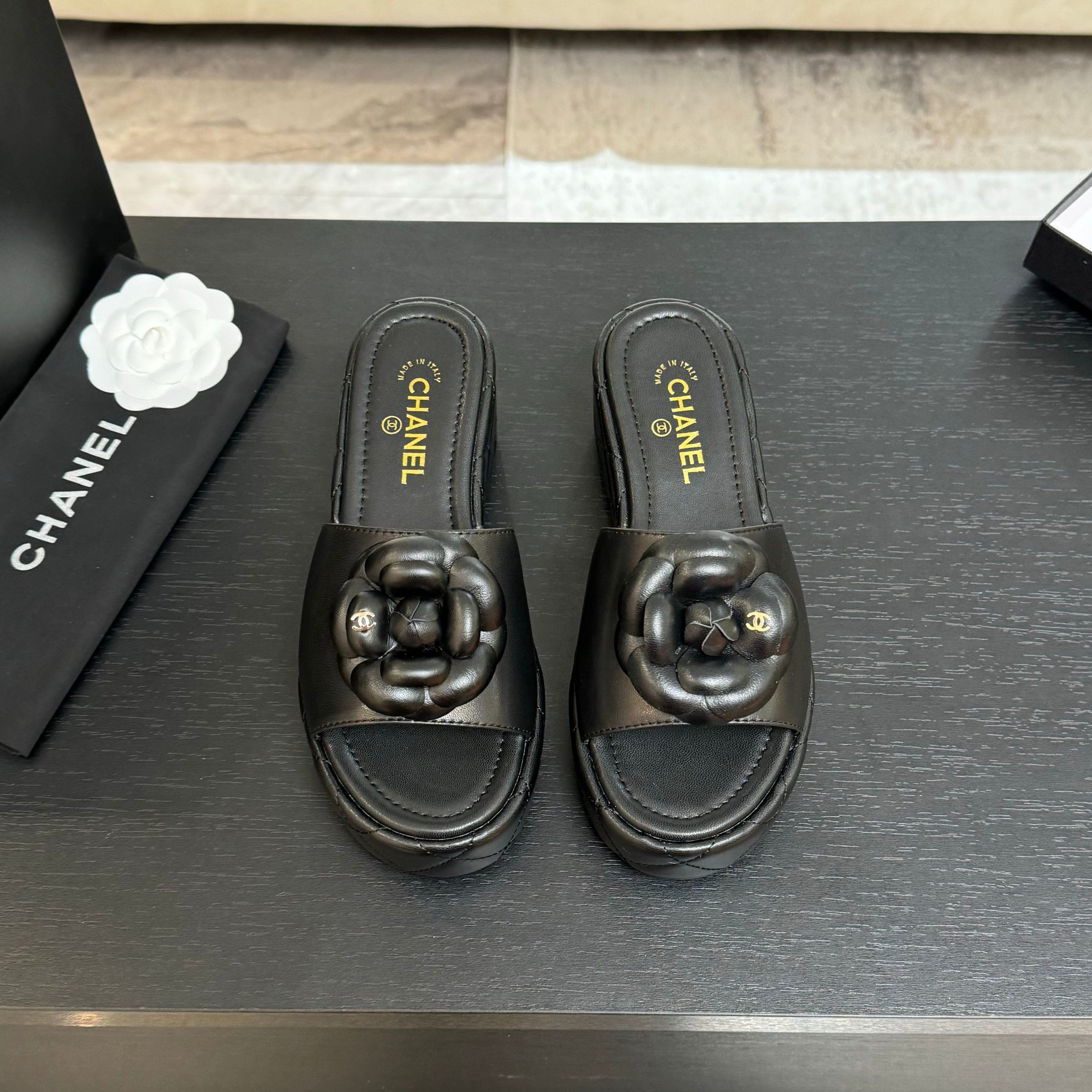 Bagsaaa Ch**el Camellia Quilted Platforms Black