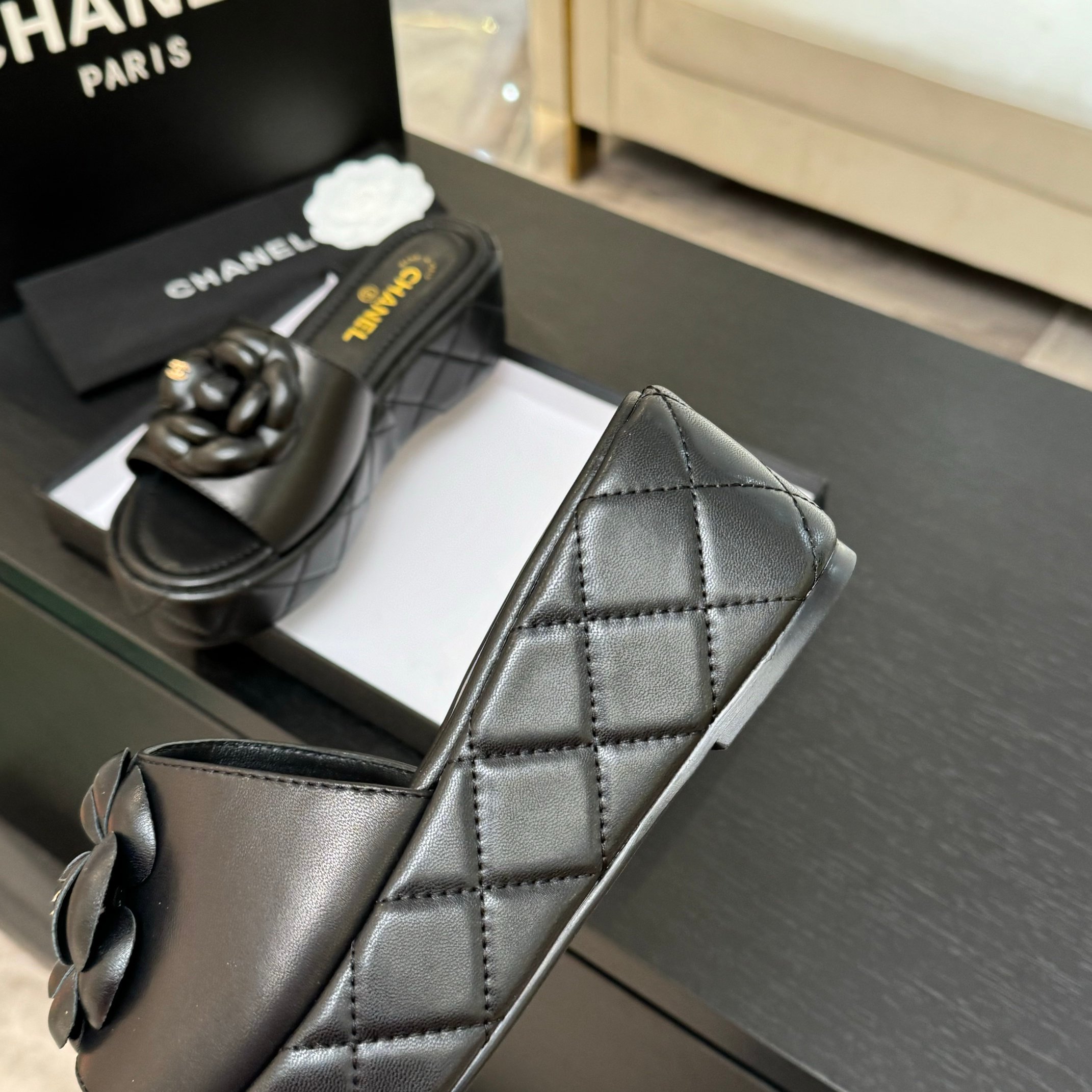 Bagsaaa Ch**el Camellia Quilted Platforms Black
