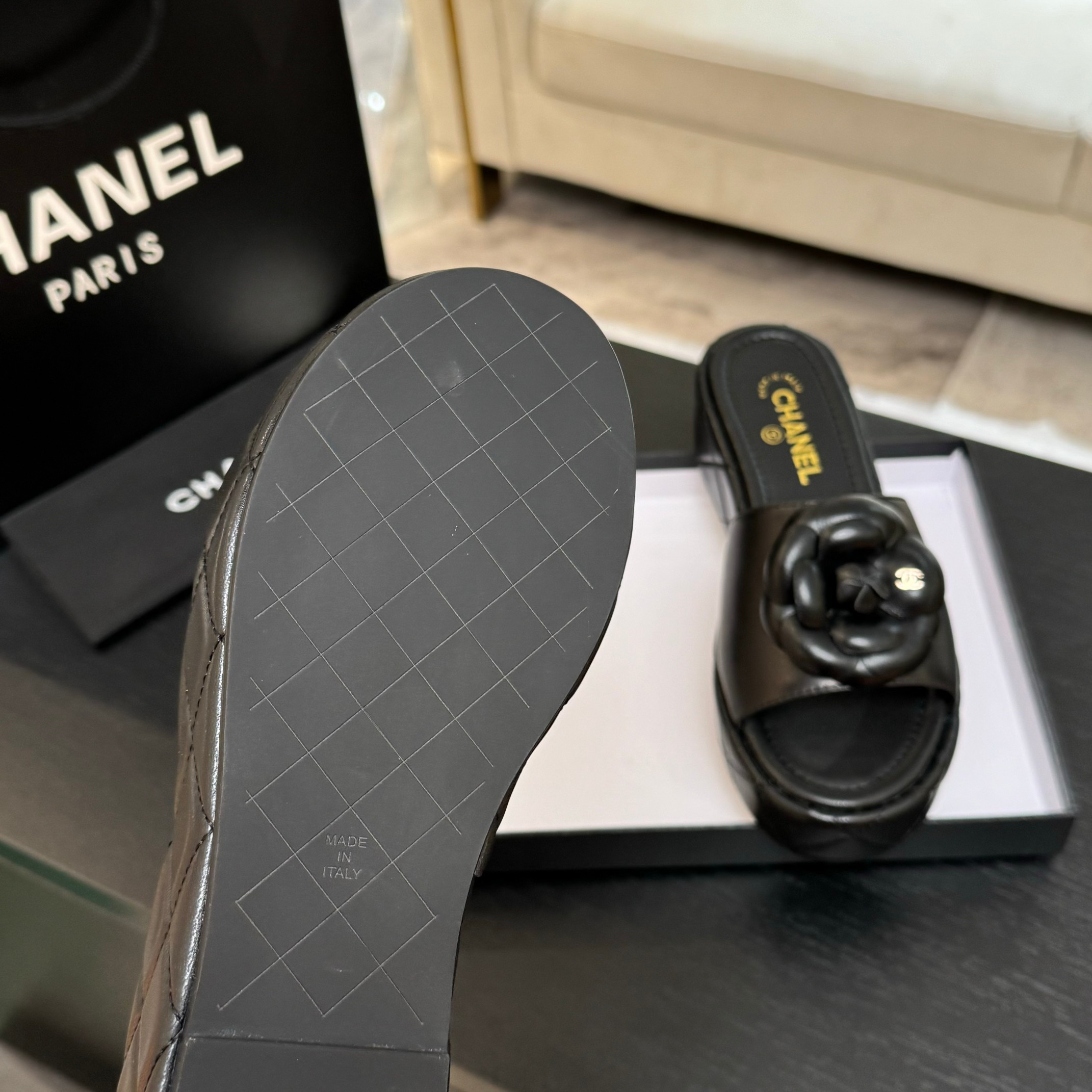 Bagsaaa Ch**el Camellia Quilted Platforms Black