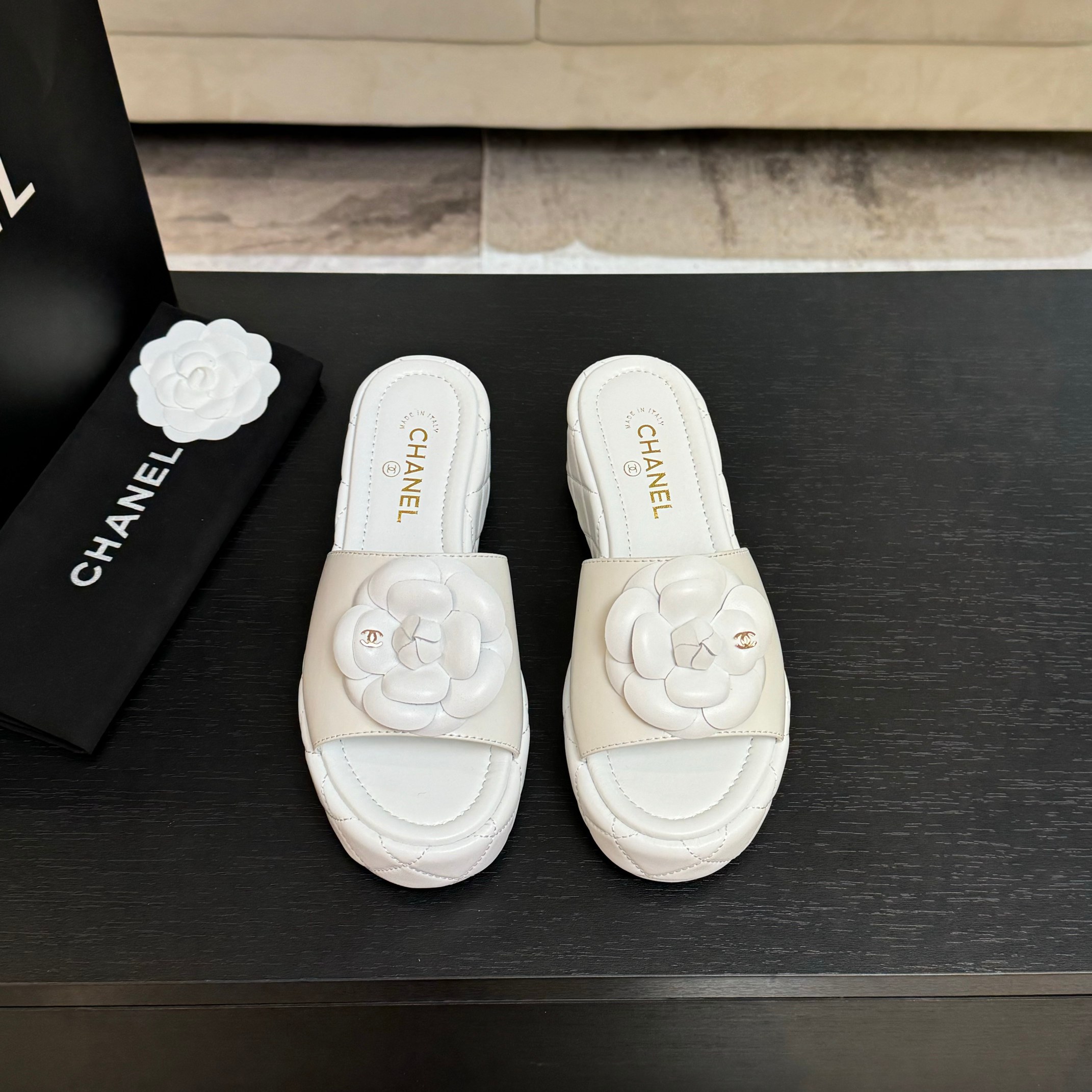 Bagsaaa Ch**el Camellia Quilted Platforms White
