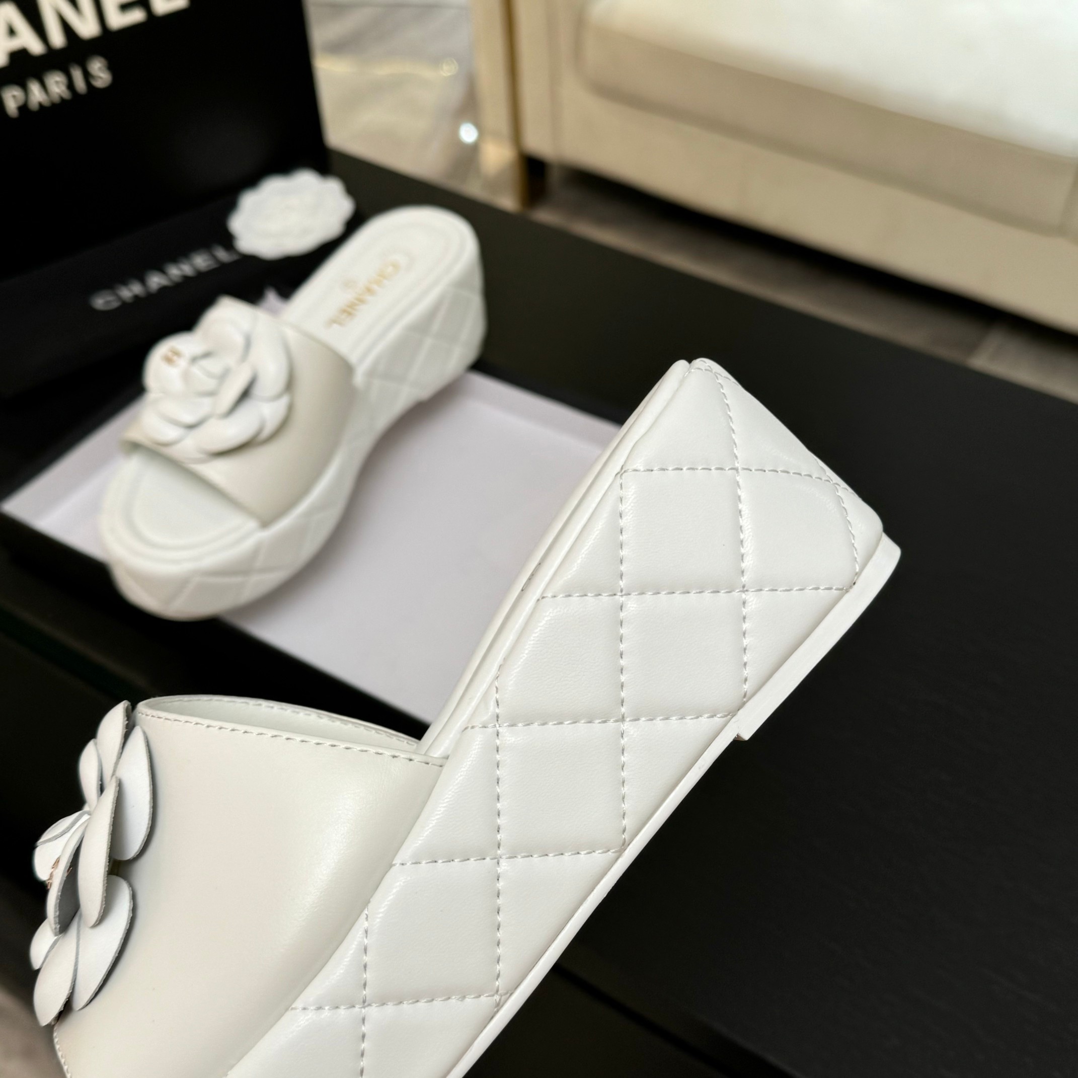 Bagsaaa Ch**el Camellia Quilted Platforms White