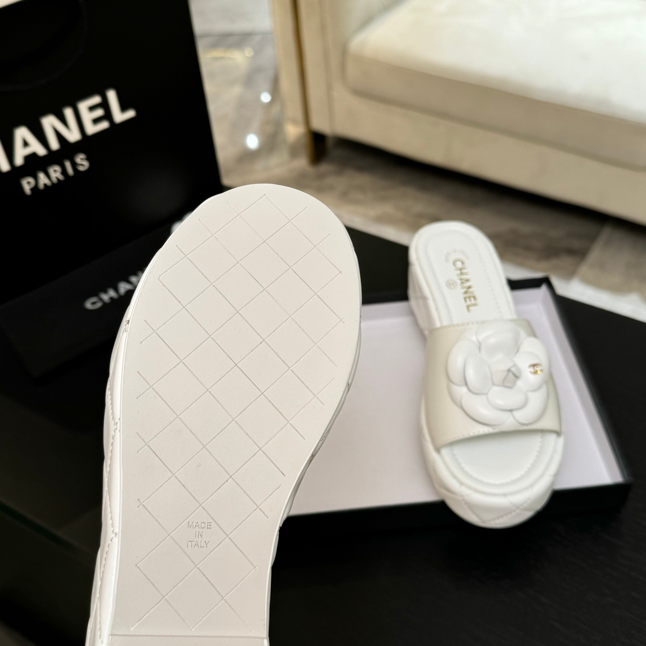 Bagsaaa Ch**el Camellia Quilted Platforms White