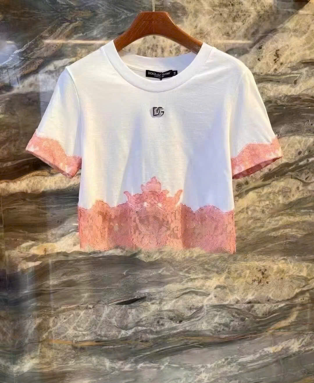 Bagsaaa Dolce & Gabbana Cropped Jersey T-shirt With Lace Pink