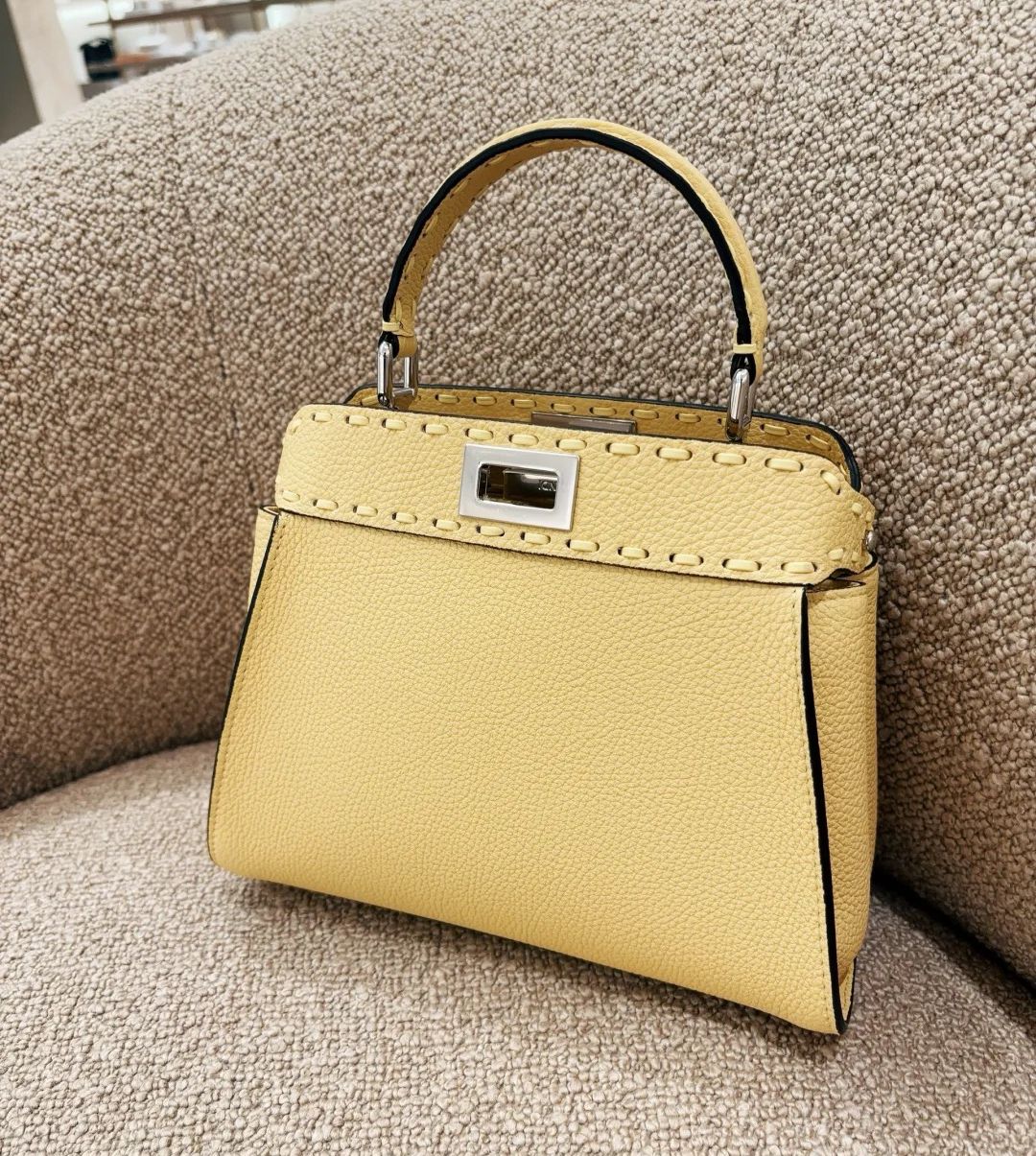 Bagsaaa F**di Peekaboo Mini Yellow Selleria bag with hand-sewn topstitches - 23cm