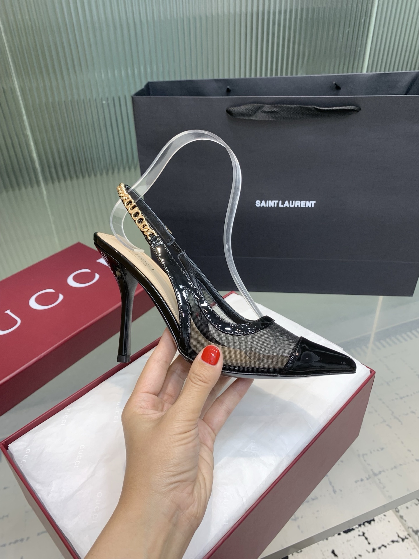 Bagsaaa Gvc*1 Signoria slingback pump 816636 black mesh 10.5cm