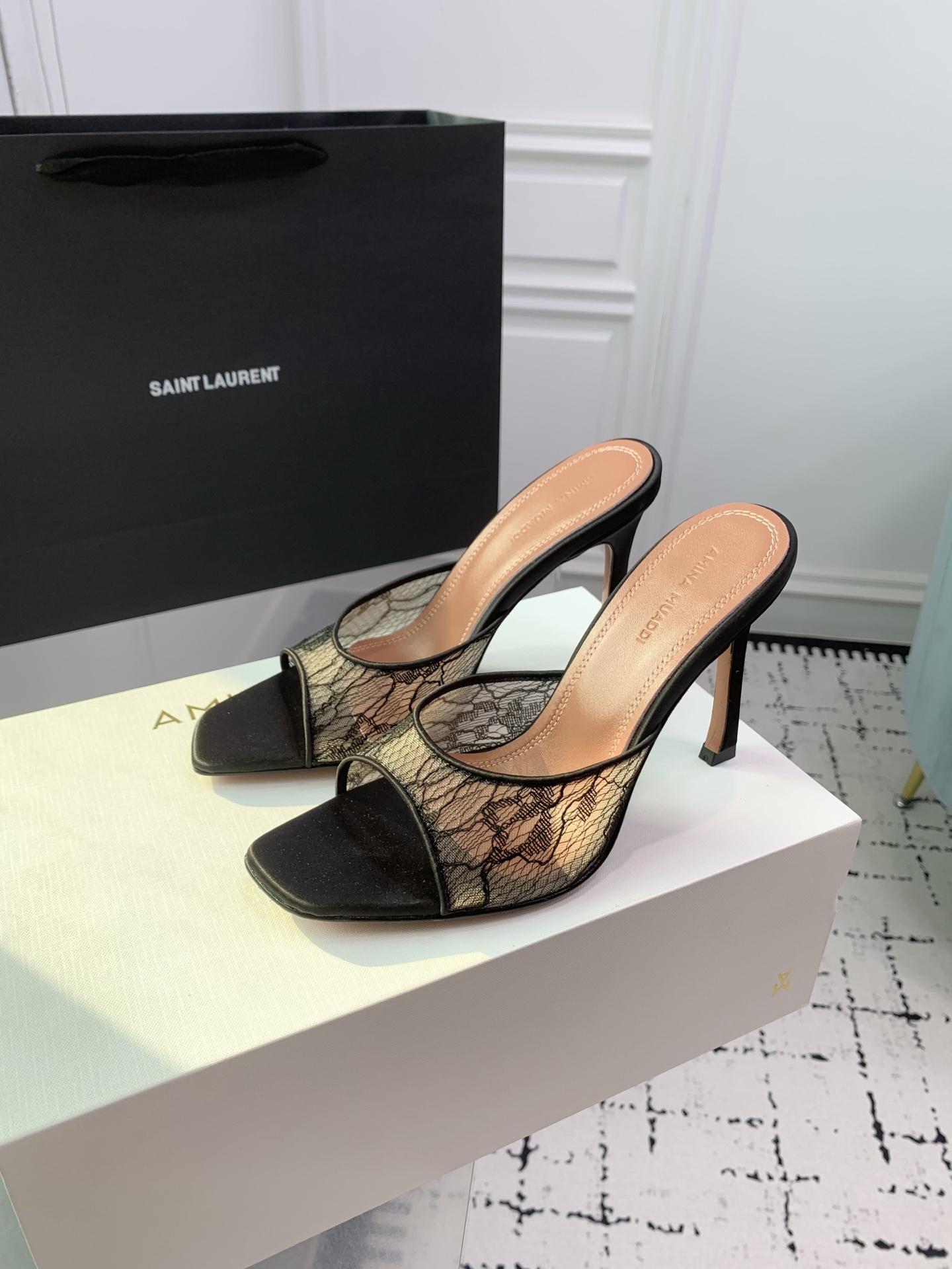 Bagsaaa Amina Muaddi Alexa Lace Stiletto Mule Sandals black 9.5cm