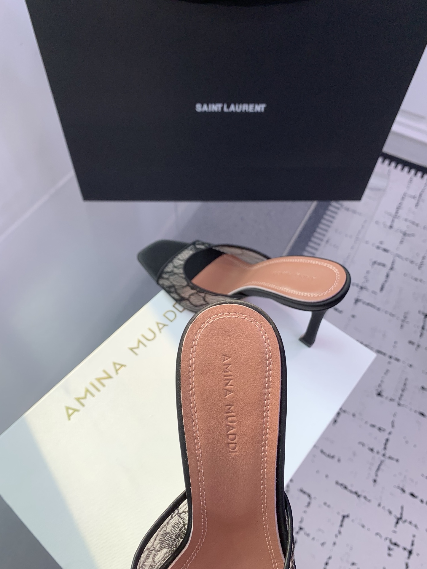 Bagsaaa Amina Muaddi Alexa Lace Stiletto Mule Sandals black 9.5cm