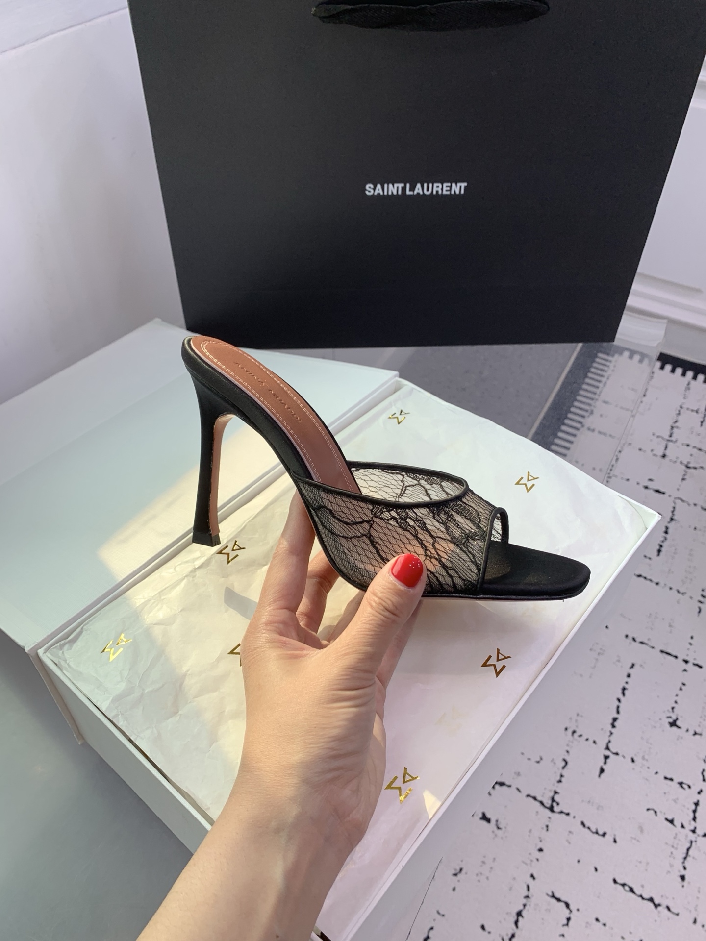 Bagsaaa Amina Muaddi Alexa Lace Stiletto Mule Sandals black 9.5cm