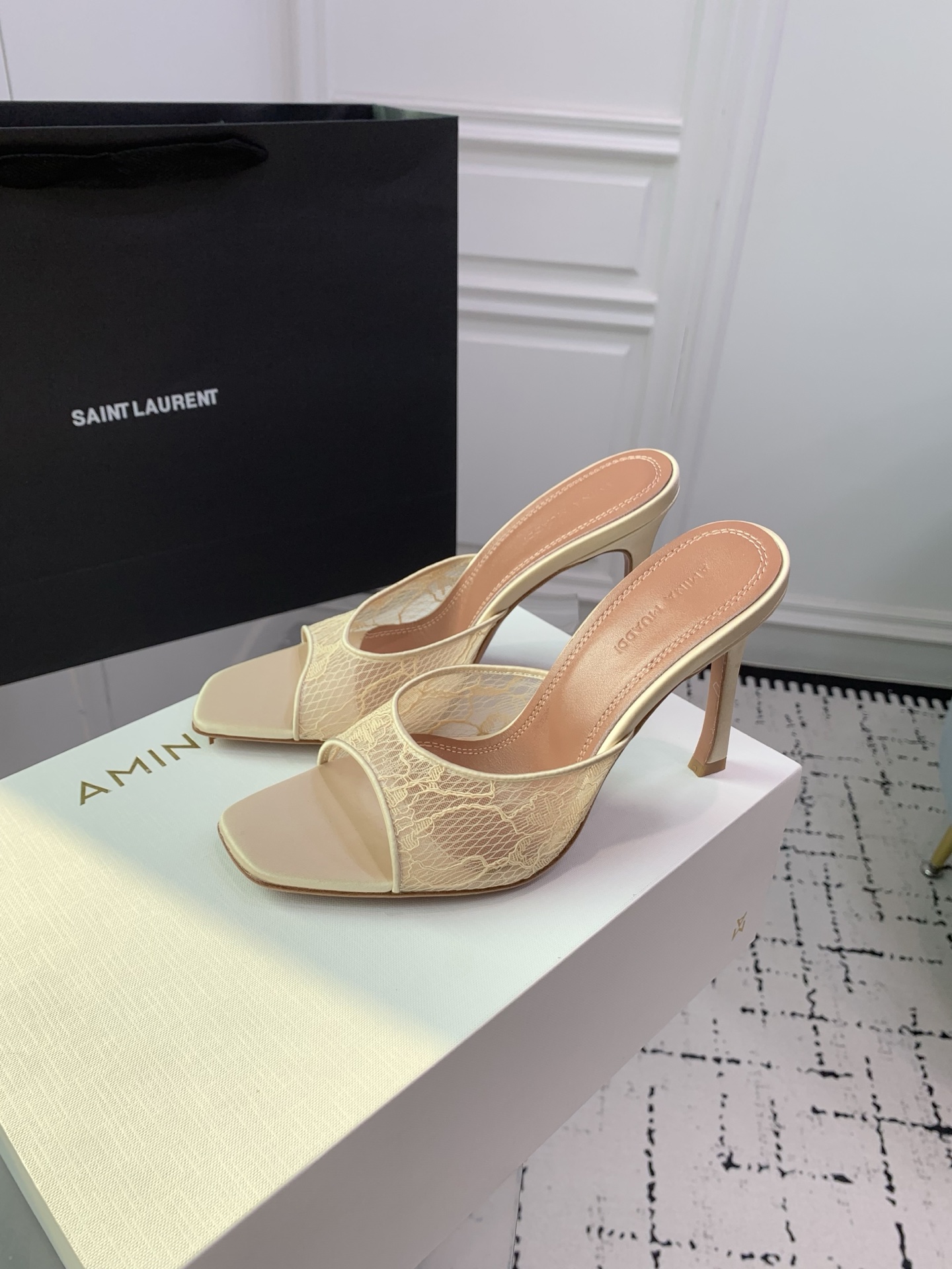 Bagsaaa Amina Muaddi Alexa Lace Stiletto Mule Sandals beige