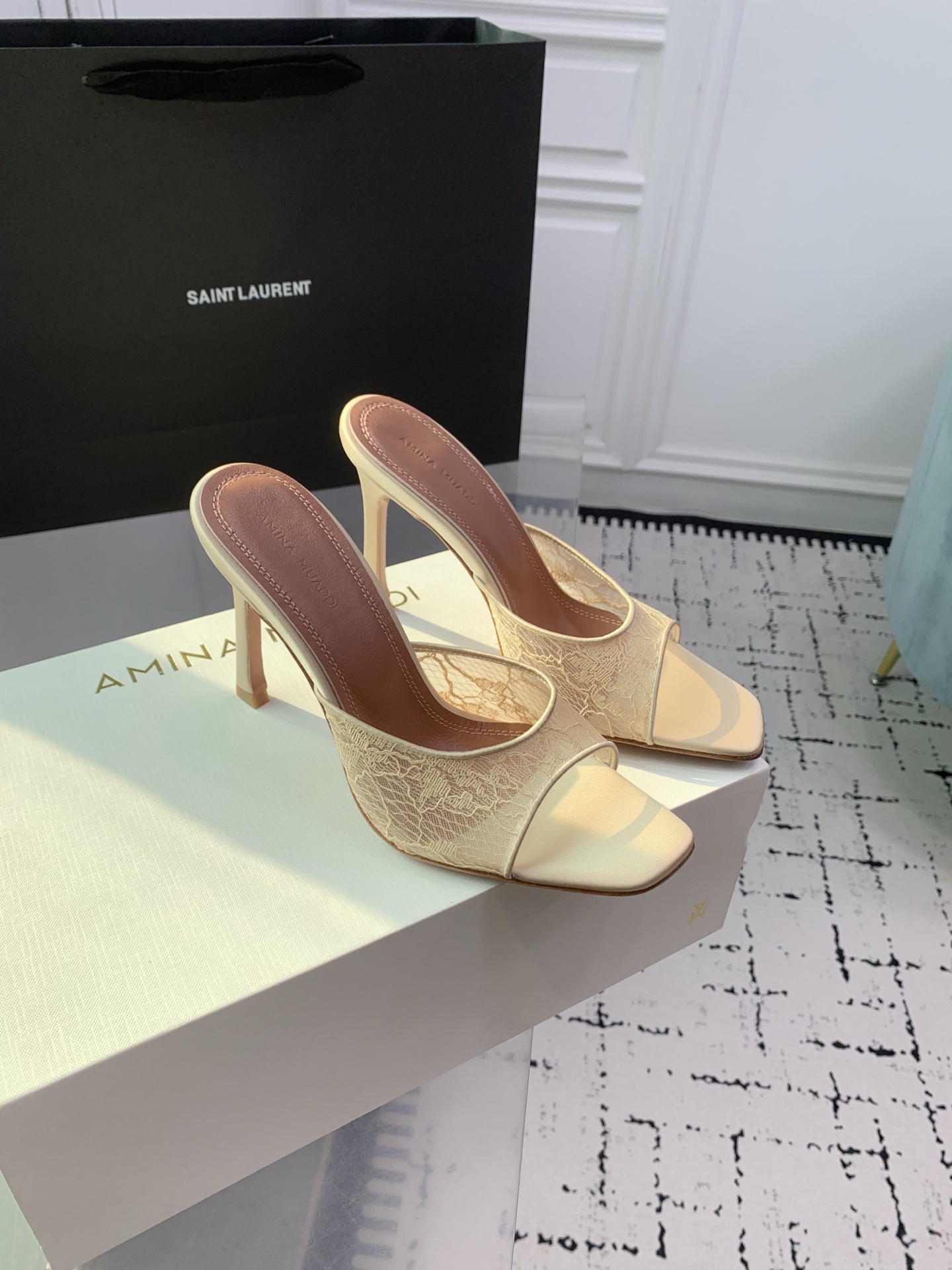 Bagsaaa Amina Muaddi Alexa Lace Stiletto Mule Sandals beige
