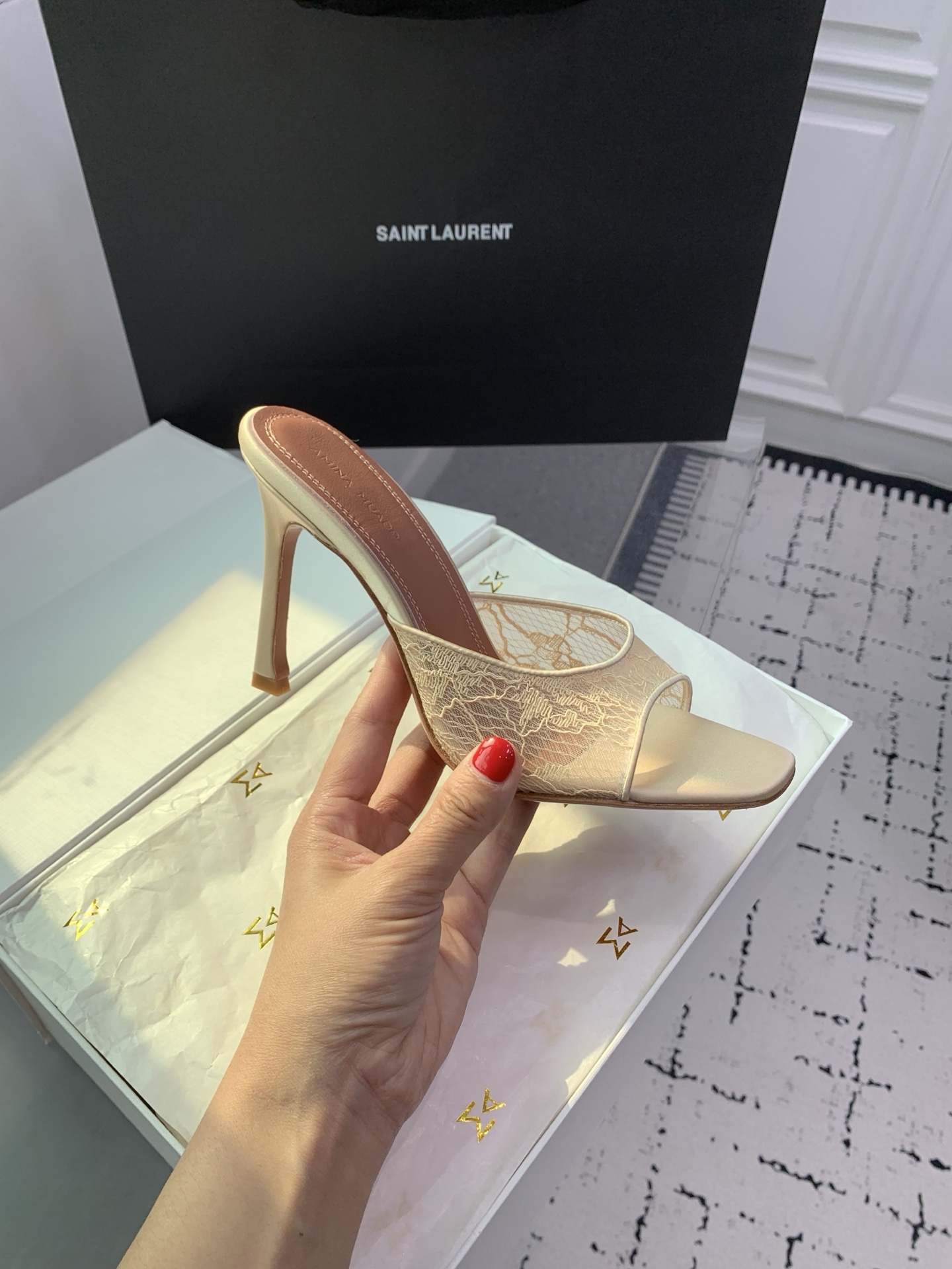 Bagsaaa Amina Muaddi Alexa Lace Stiletto Mule Sandals beige