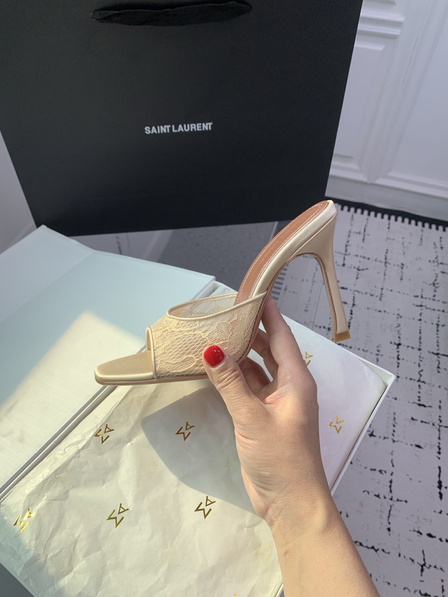 Bagsaaa Amina Muaddi Alexa Lace Stiletto Mule Sandals beige