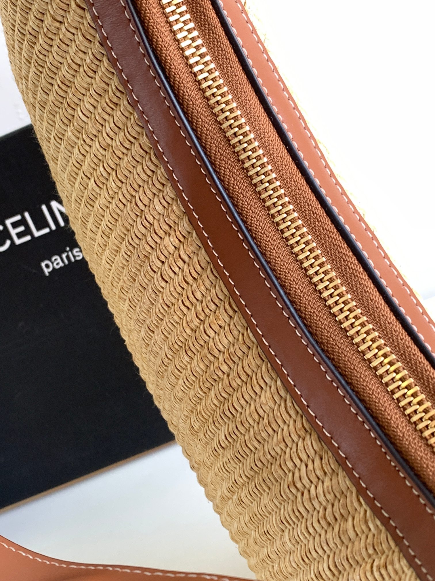 Bagsaaa Ce1i*e Medium Ava Strap in Raffia Effect Textile and Calfskin - 24cm