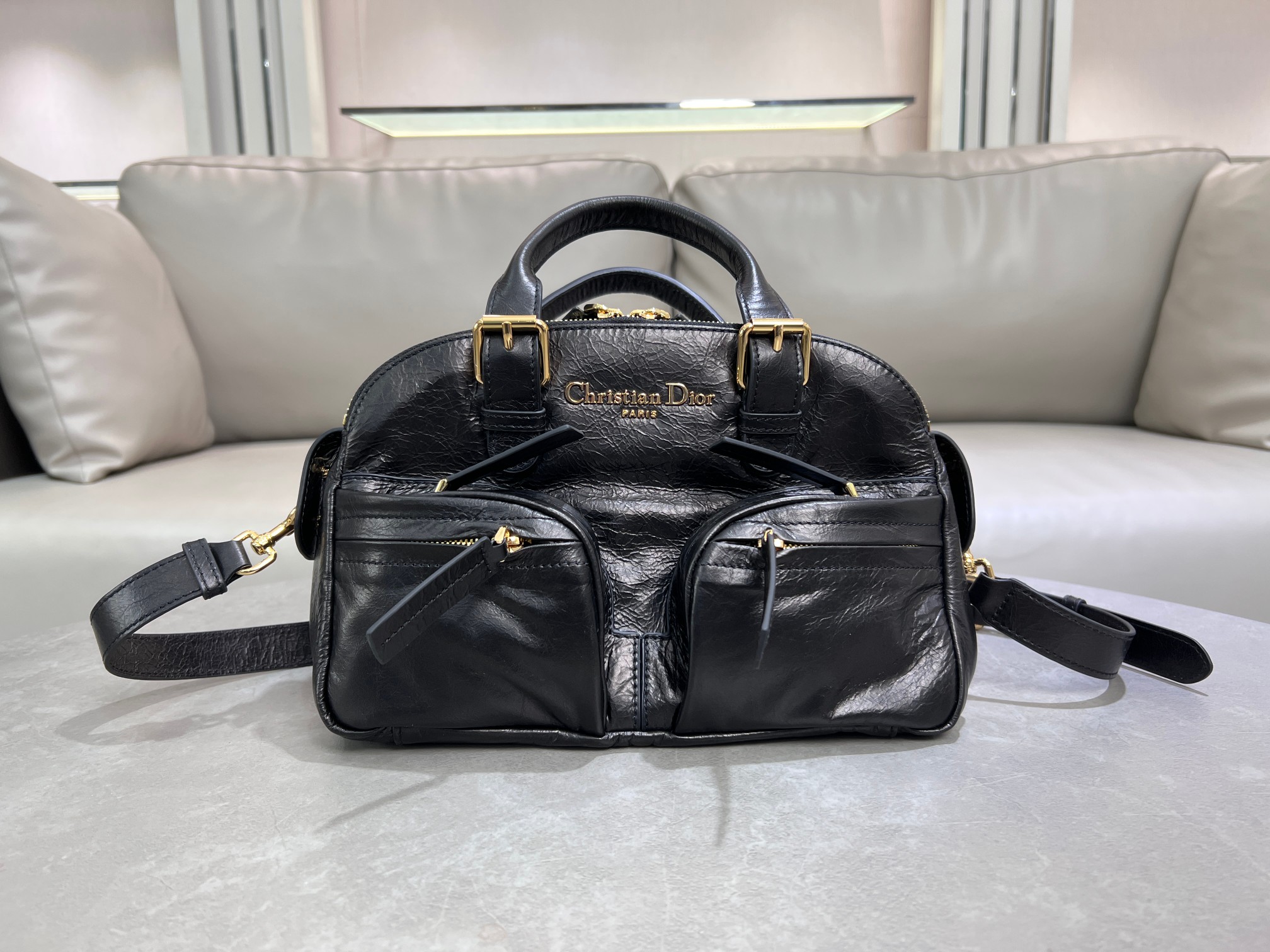 Bagsaaa D10r Small Grand Tour Bowling Bag Black Crinkled Calfskin - 28cm