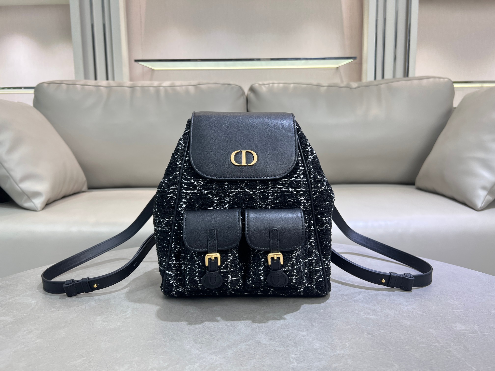 Bagsaaa Medium D10r Caro Backpack Black Tweed with White Cannage Motif - 26.5cm
