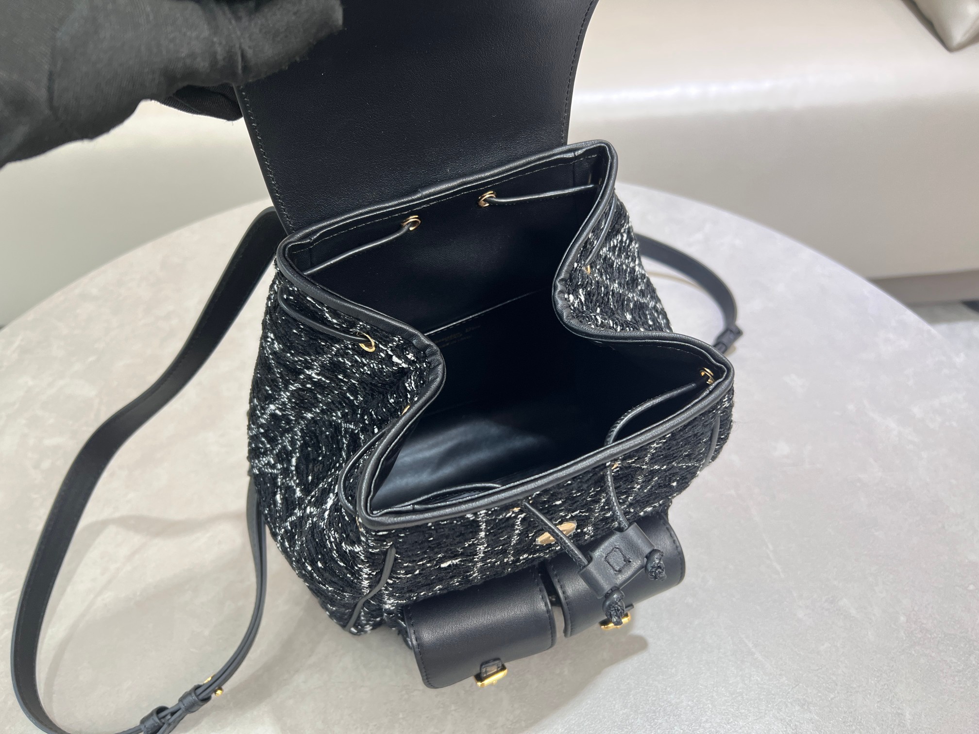 Bagsaaa Medium D10r Caro Backpack Black Tweed with White Cannage Motif - 26.5cm