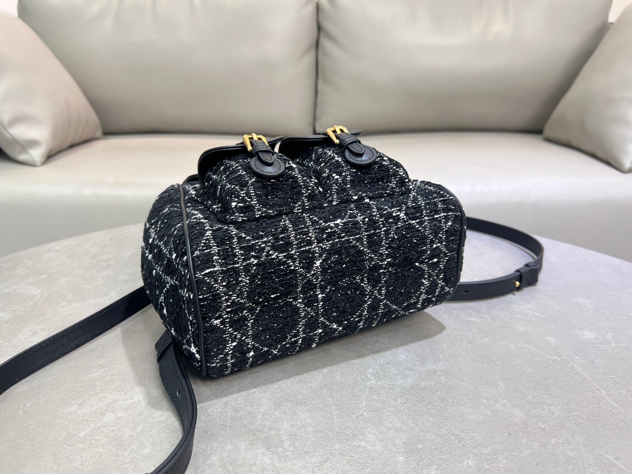 Bagsaaa Medium D10r Caro Backpack Black Tweed with White Cannage Motif - 26.5cm